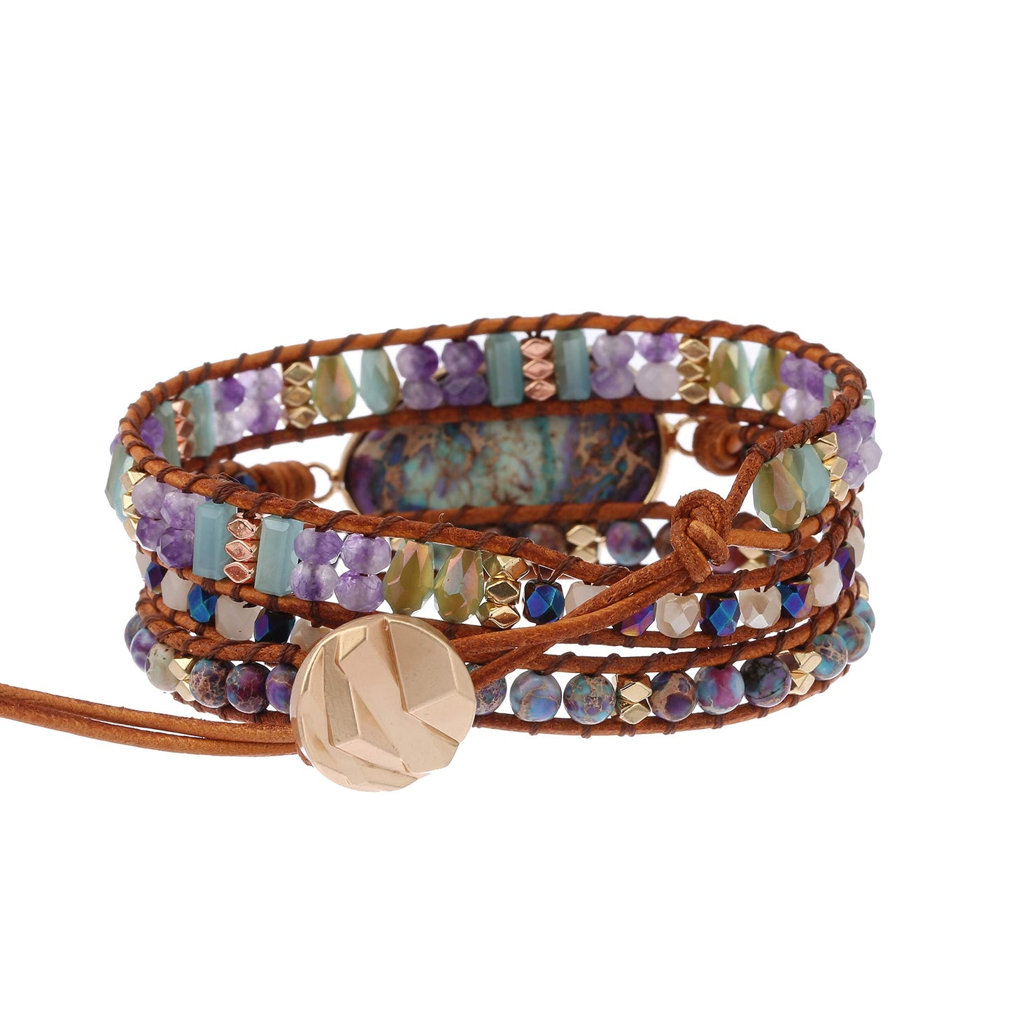 Plumiss Boho Handmade Blue Purple Imperial Jasper Stone Crystal Hematite Mixed Bead 3 Wraps Bracelets