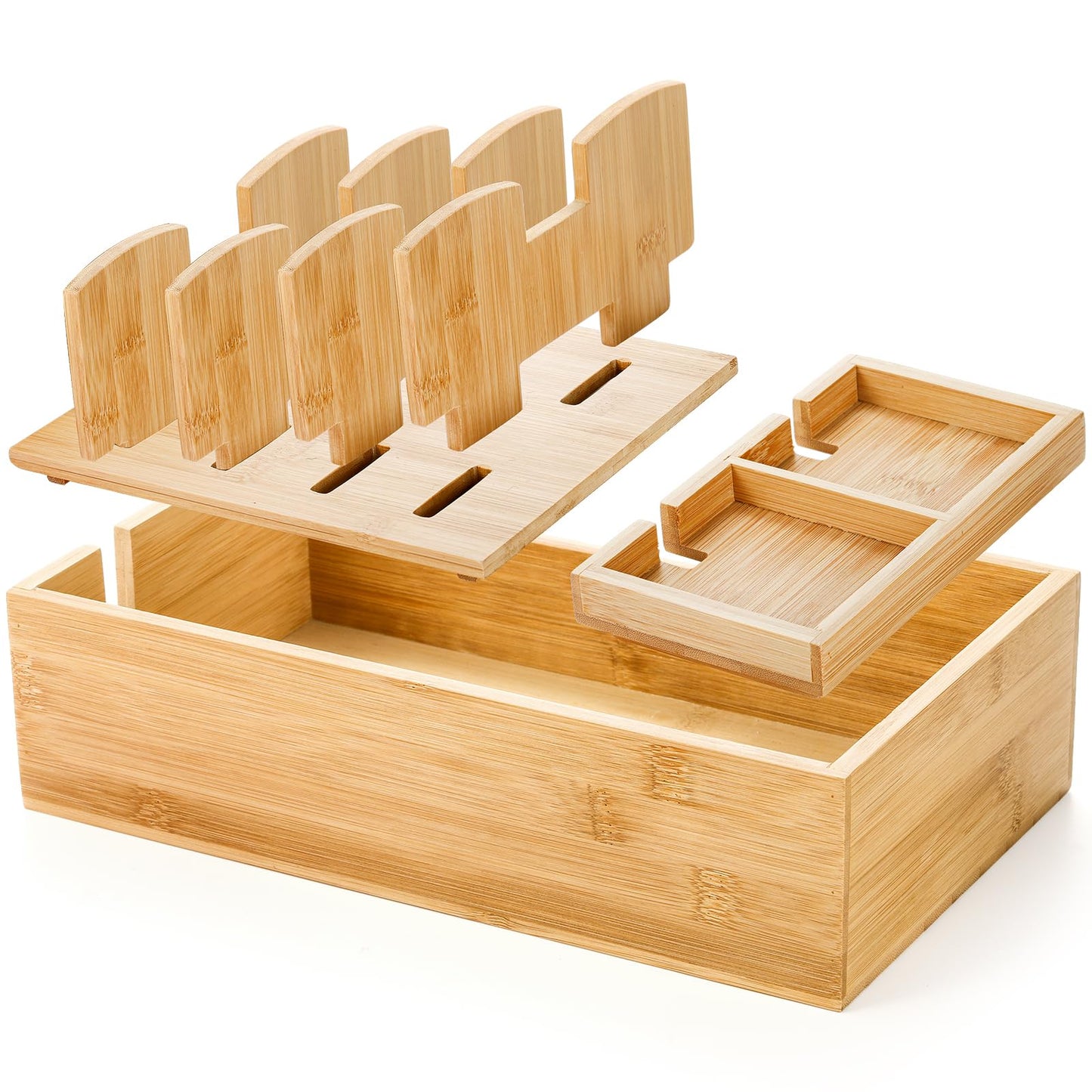 Fasmov Bamboo Charging Station, Charging Stand for Multiple Devices, Electronic Device Desktop Dock Stations Organizer, Cell Phone Docking Stations for Multi Laptop, Tablets, IPads, Watch, Earbuds