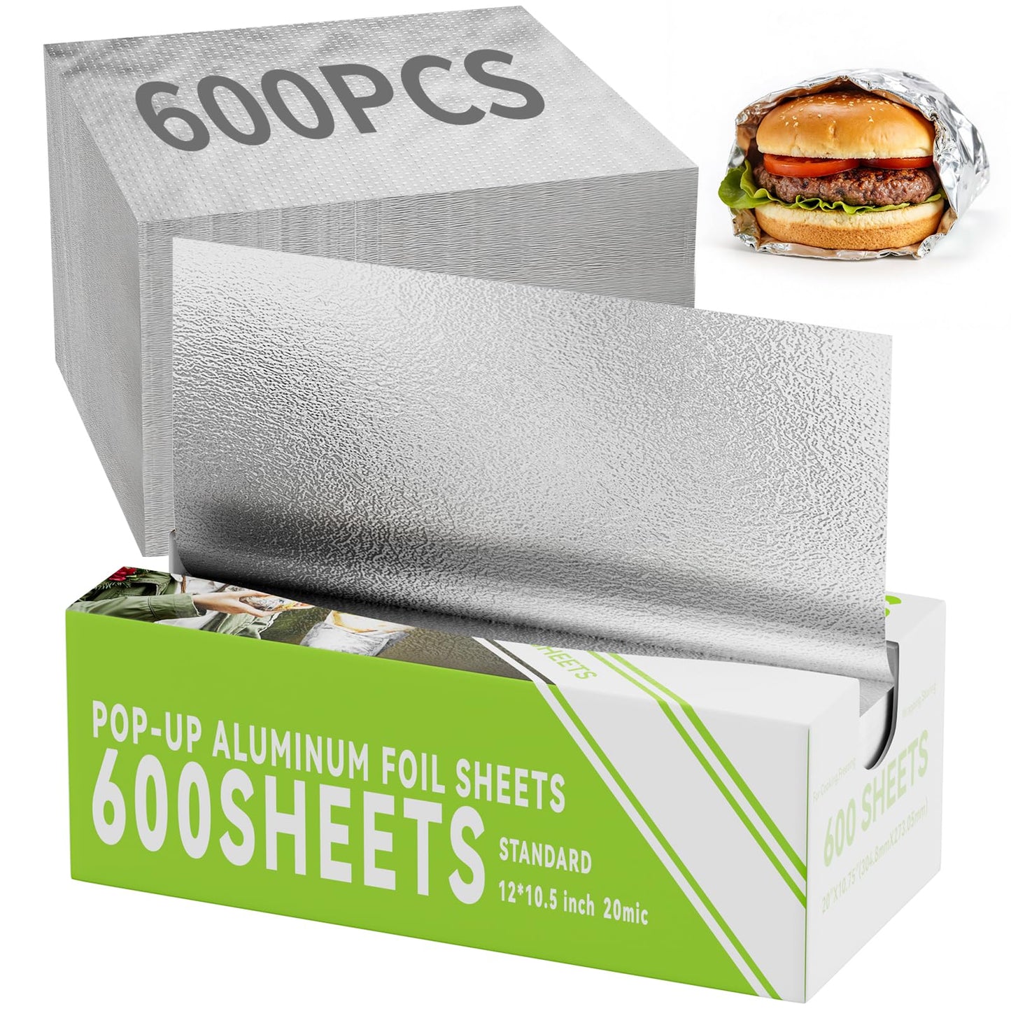 600 Count Pre-Cut Aluminum Foil Sheets, 12" x 10.6" Inch Pre Cut Aluminum Foil sheets for Restaurant Use, Disposable Foil Sheets for Food, Hot Dogs, and Sandwiches