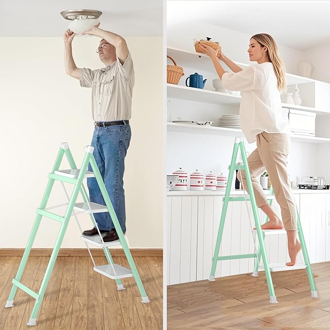 4 Step Ladder, Folding Step Stool with Anti-Slip Wide Pedal, Anti-Slip Feet, Sturdiest Steel Construction, Steel Ladder for Home and Office, Green White