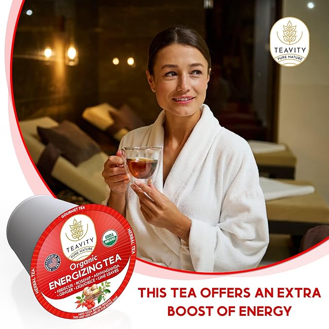 Organic Ashwagandha Tea Pods for Keurig with Ginger, Licorice, Organic Hibiscus Sabdariffa, Rosehip, & Lime - Decaf Herbal Tea - Energizing Tea by Teavity (12 Tea Pods)