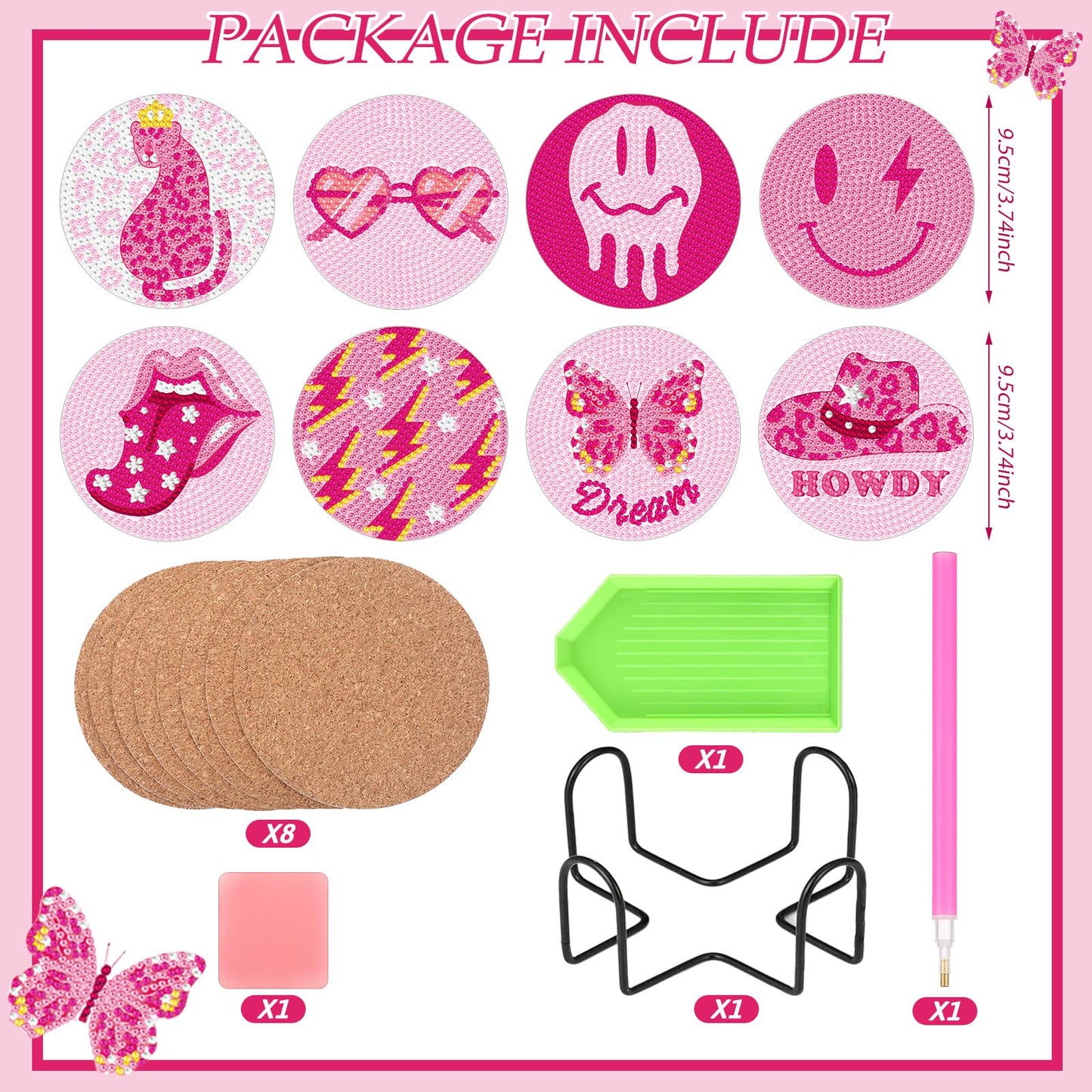Shellwei 8 Pcs Pink Preppy Diamond Painting Art Coasters with Holder Y2k Smile Face Butterfly Diamond Art Coaster Kit DIY Craft Gift for Adults Beginners