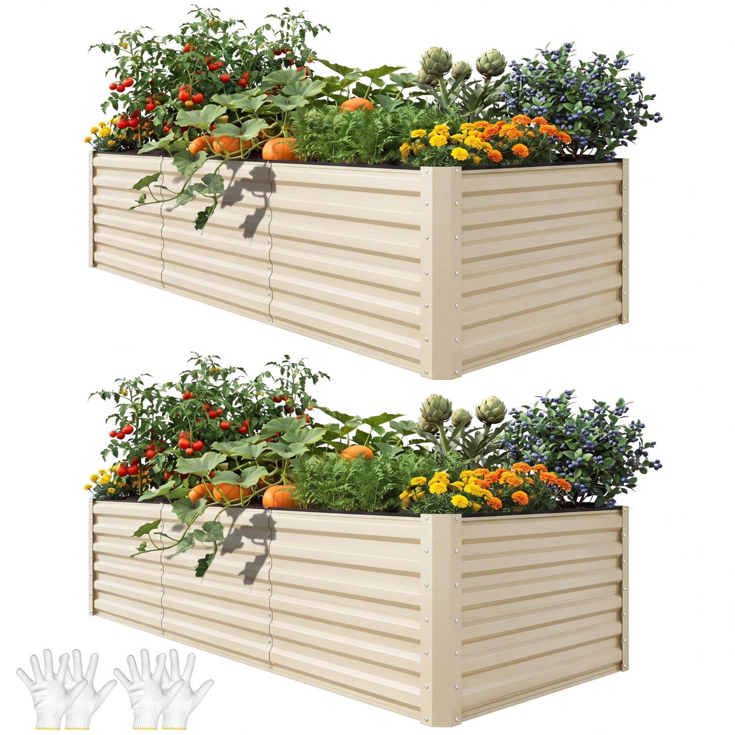 YITAHOME 8x4x2ft 2pcs Large Raised Garden Bed Kit, Galvanized Metal Planter Box with Gloves & Safety Rubber, Outdoor Above Ground Planters for Plants Vegetables Flowers, Cream Yellow