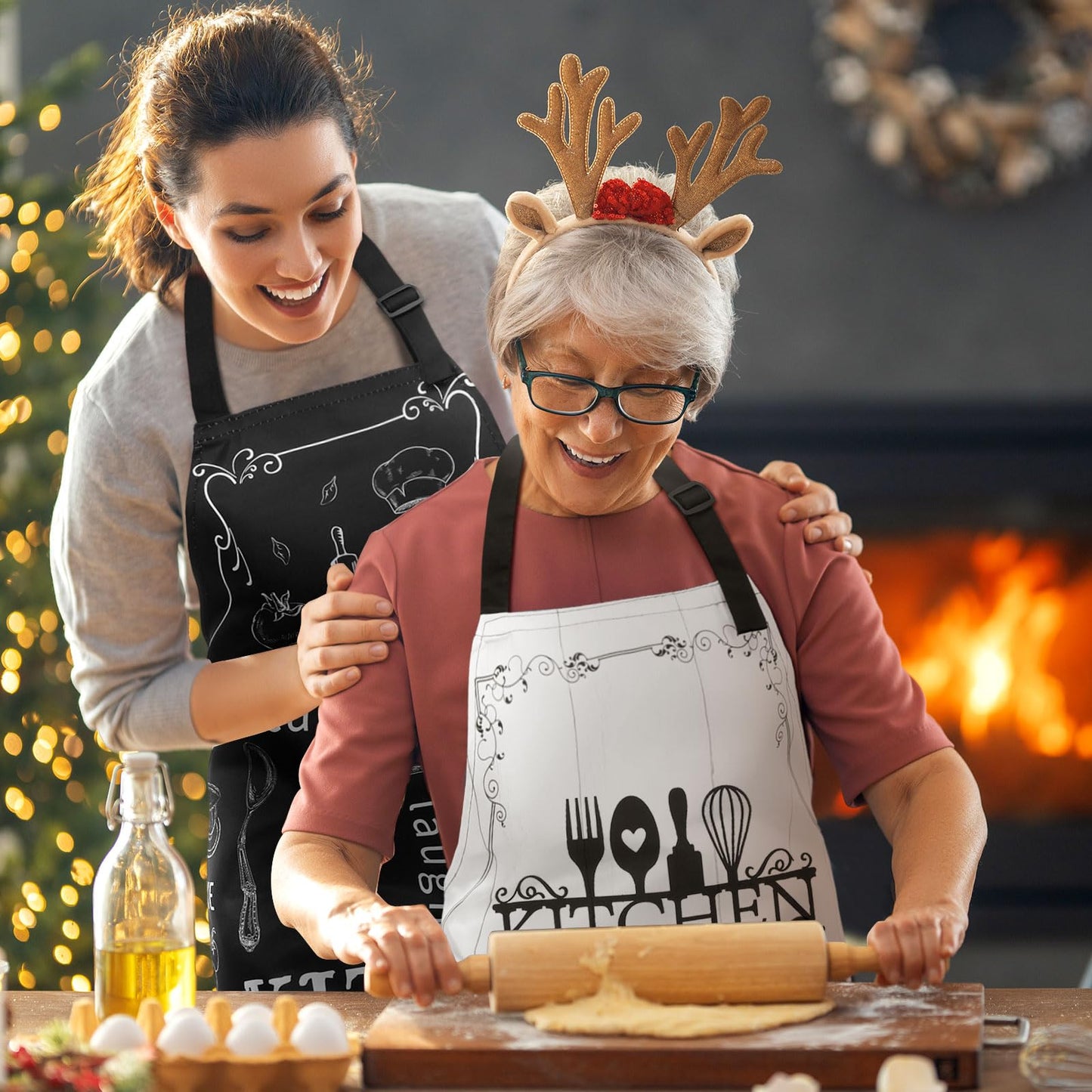 Bencailor 13 Pcs Christmas Kitchen Sets Christmas Aprons Oven Mitts and Pot Holders Dish Towels Wooden Spoons for Xmas Gifts(Black White, Kitchen)