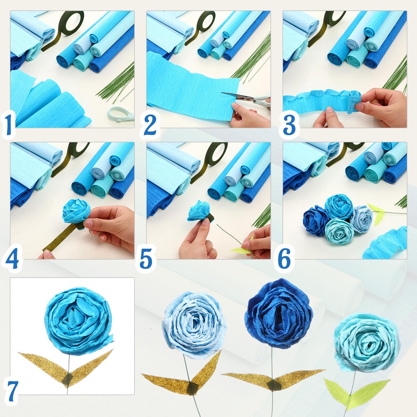 Gersoniel 57 Pcs Crepe Paper Flower DIY Kits 6 Rolls 35g Papel Crepe Sheets 50 Pcs Floral Iron Wire 10 Inch x 8 Feet 1 Roll 50 Meter for Birthday Party Wedding(Gradient Blue Series)