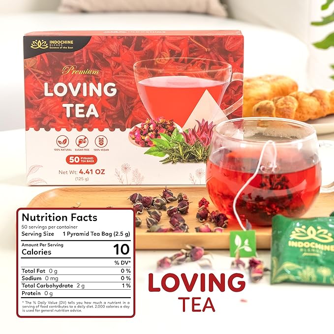 Indochine Blends Loving Tea | Hibiscus Tea Bags | Hibiscus & Organic Rosemary, Black Tea, Rose | Sugar-Free, Caffeine-Free Herbal Tea for Relaxation | 4.4 oz | 50 Corn-Fiber Pyramid Bags