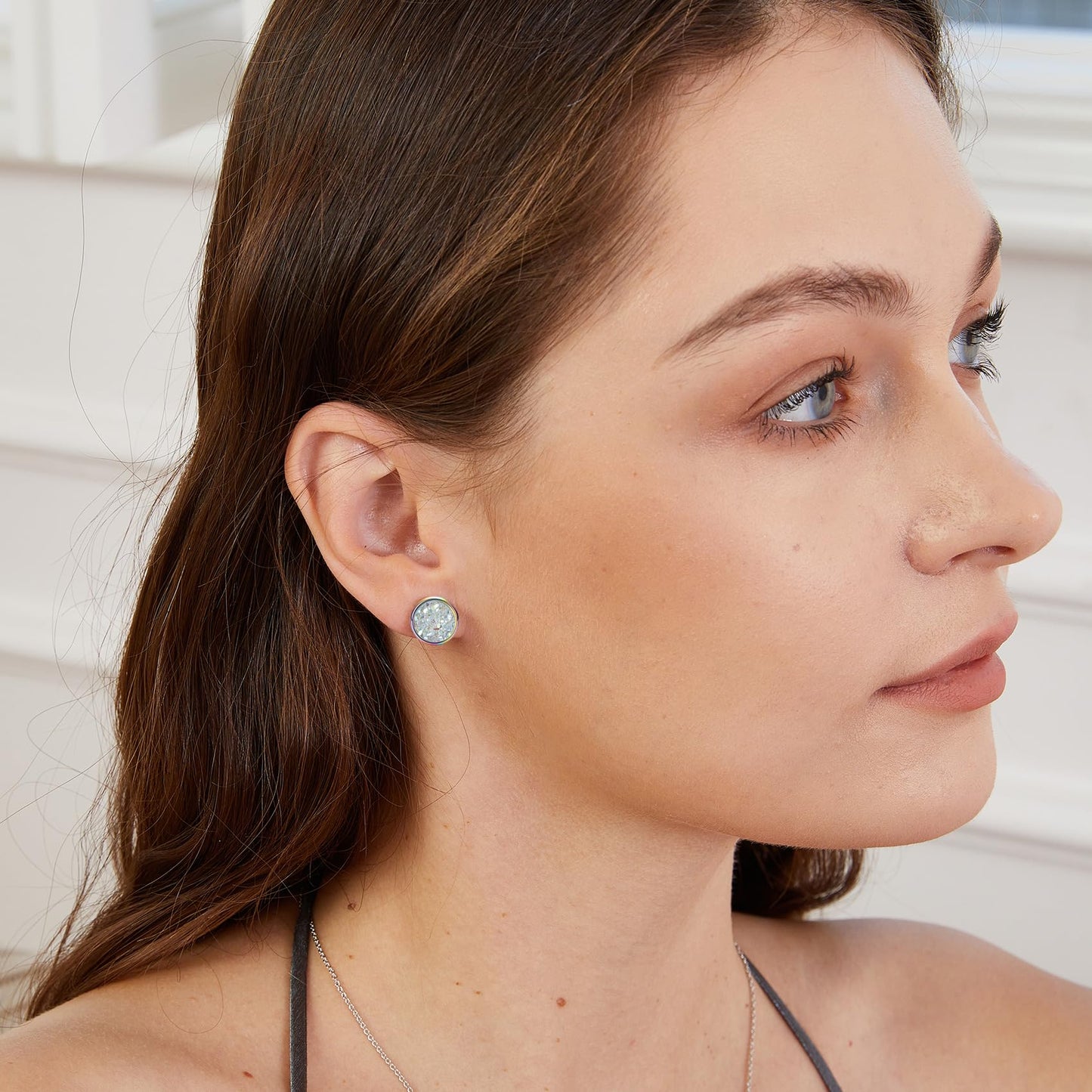 VOLUKA Crystal Stone Stud Earrings Flat Back Titanium Stainless Steel Hypoallergenic Cartilage Earrings Stud for Sensitive Ears Women Men(White-Rainbow)