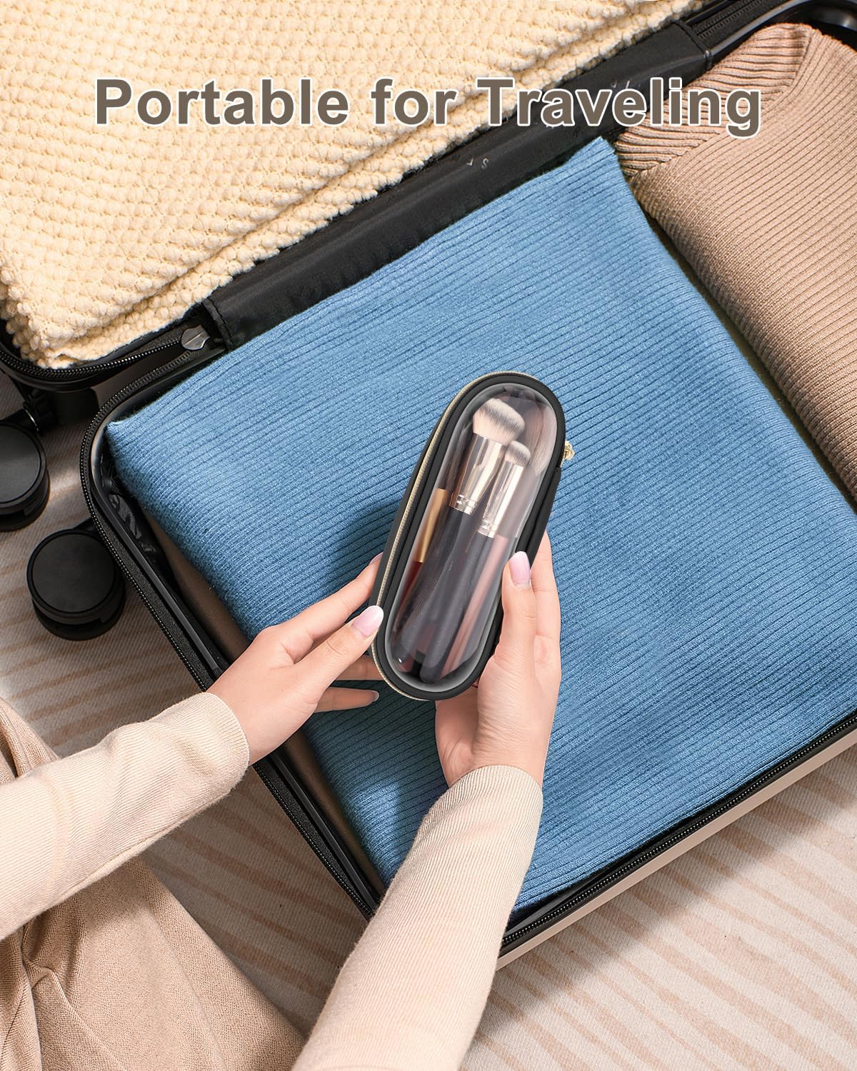 Clear Travel Makeup Brush Holder, Leather Makeup Brush Toiletry Bag, Portable Cosmetic Brush Case, Transparent Waterproof Makeup Brush Storage Bag, Black