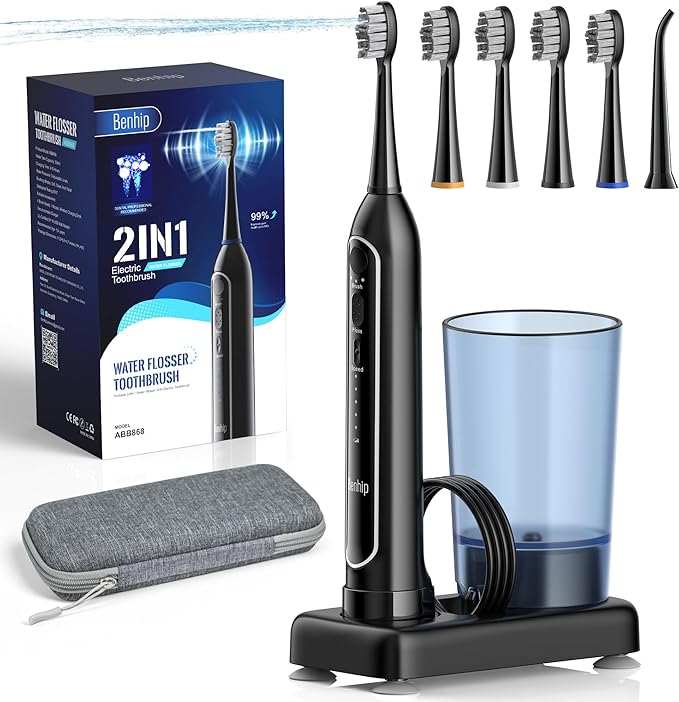 Water Flosser & Sonic Toothbrush Combo – 3 Toothbrush Modes & 5 Adjustable Flossing Speed for Complete Oral Care – IPX7 Waterproof, Fast Charging, Portable Travel Case (Black)