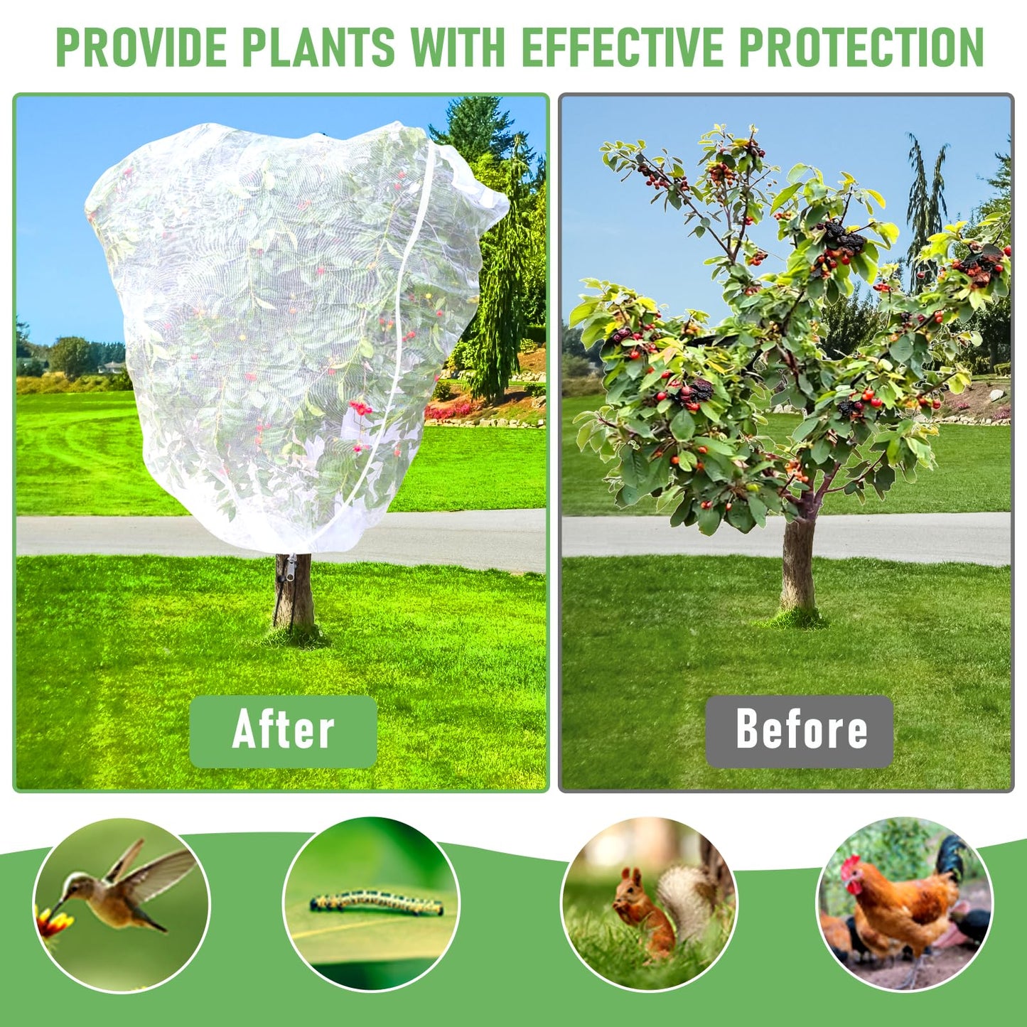 YUYIUS Fruit Tree Netting, Plant Mesh Netting for Garden Protection, Blueberry Bush Insect Netting Cover as Garden Pest Barrier from Cicadas, Bug, Bird (4.9x4 FT, 4Pcs, Zipper & Drawstring Design)