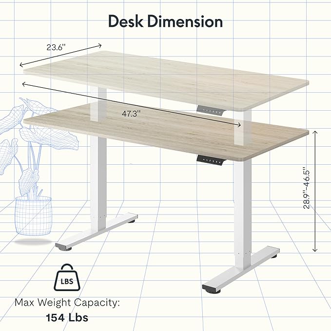 FLEXISPOT EN1 One-Piece Standing Desk, 48 x 24 Inches Electric Height Adjustable Desk for Home Office (White Frame + White Wood Grain Desktop)