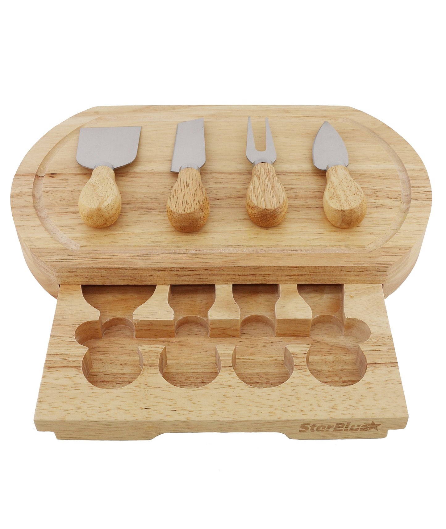 Cheese Board Set by StarBlue - with 4 Knives and Slide Out Drawer | Large Oak Wooden Cheese and Platter Cutting Serving Plate Tray | Best for Housewarming and Birthday Gift