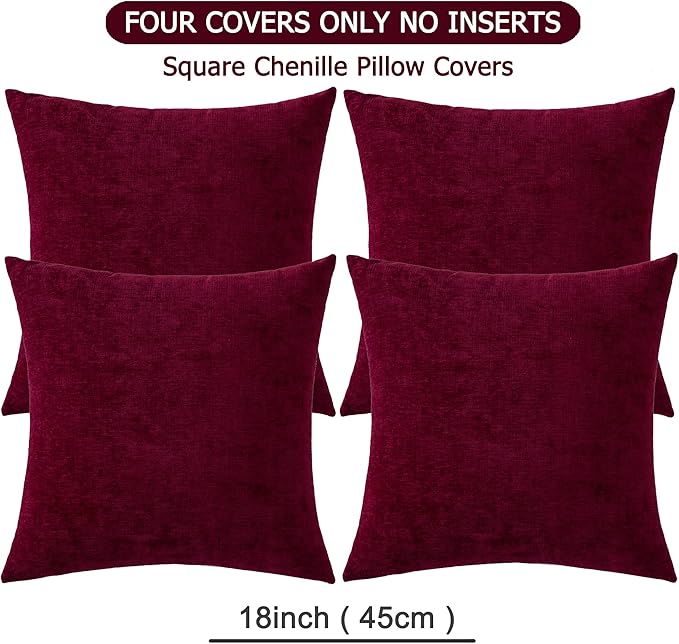 GAWAMAY Decorative Square Throw Pillow Covers 18"x18" Inch Set of 4, Super Soft Chenille Pillows Cover Fall Pillowcase for Living Room Bedroom Sofa Couch Cushion Cover Burgundy Red 45x45cm