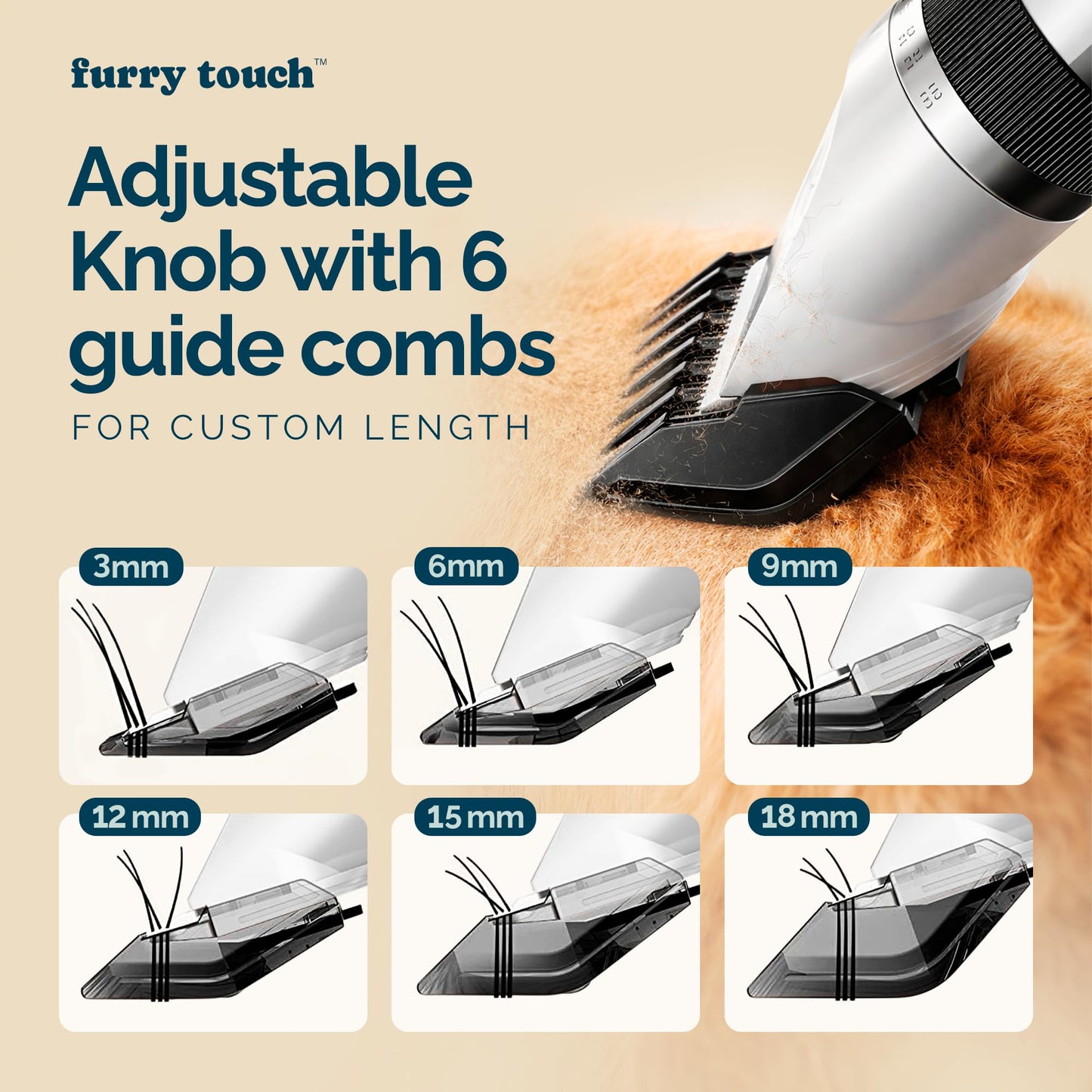 Furry Touch Dog Grooming Kit - 2 Power Modes Quiet & Strong, Cordless Dog Clippers for Grooming & Dogs Hair Trimmer for Groomings, Ceramic Blades, 6 Guide Combs, Rechargeable Trimmer for Cats and Pets