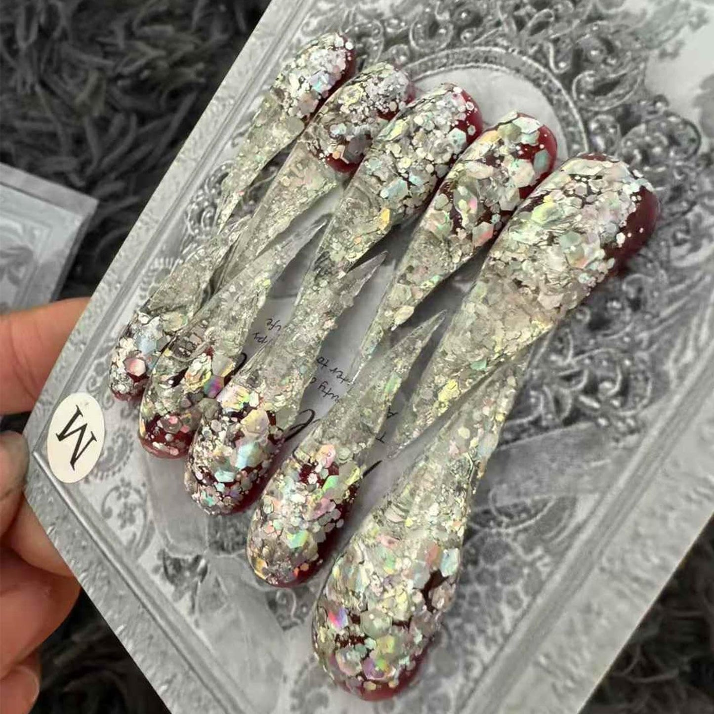 Handmade Press on Nails Short False Nails with 3D Jewelry Design Gothic Style Women Size M