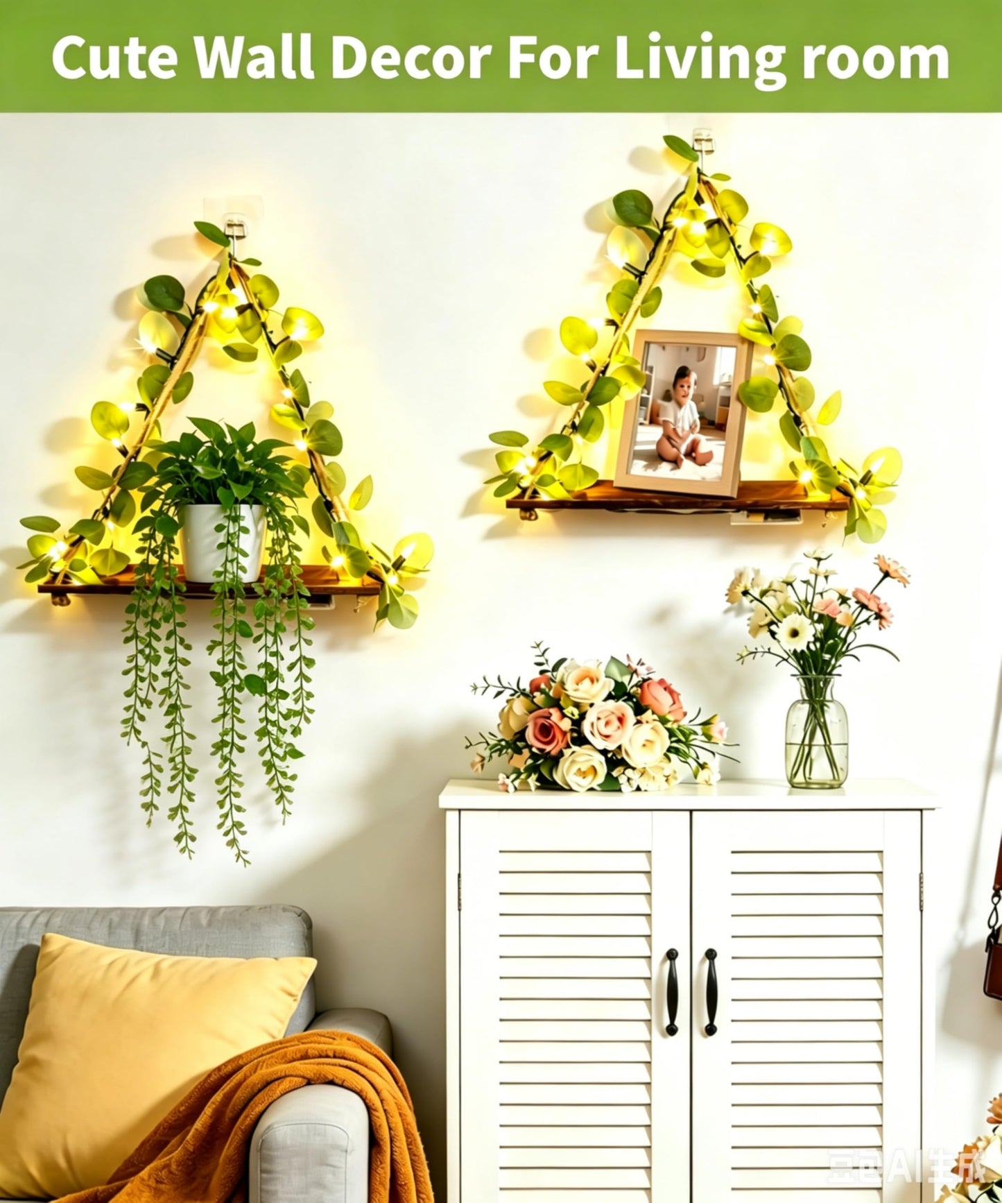 Macrame Hanging Shelf for Wall Decoration with Eucalyptus Lighted Garland,2 Pack Boho Hanging Shelves&Greenery Eucalyptus Garland with Lights for Bedroom Living Room Boho Wall Décor, Wedding Décor
