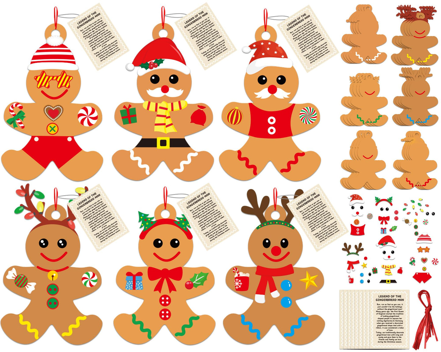 Qyeahkj 72 Pack Christmas Gingerbread Men Craft Kit Bulk DIY Arts and Crafts for Make Your Own Gingerbread Xmas Tree Ornaments Stickers for Winter Holiday Xmas Chirstmas Decoration