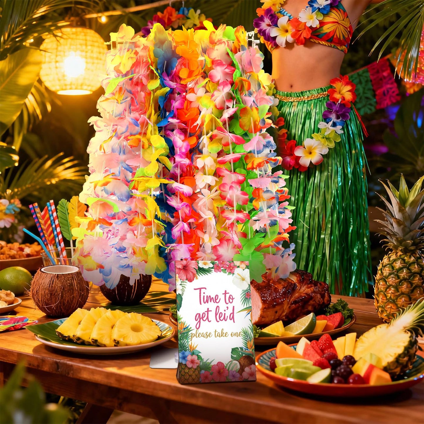 Suncalla 26 Pack Hawaiian Leis Luau Party Decoration Set Include 24 Pcs Hawaiian Leis 1 Pcs Wreath Stand ( Adjustable Base) 1 Pack Luau Party Welcome Wooden Signs for Summer Tropical Flower Lei Shows