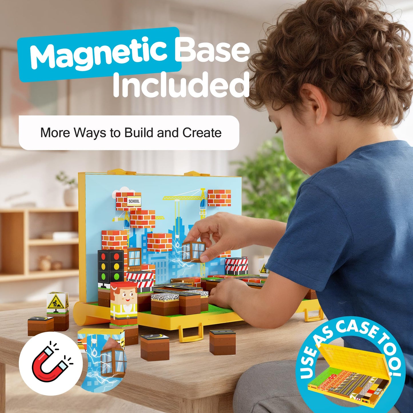 Gift-Ready Magnetic Building Blocks for Kids, Magnet Cubes — Construction Site Toy Building Sets with Magnetic Storage Board — 84-Piece Pixy Stacking STEM Building Toys for Boys & Girls Ages 3 to 12