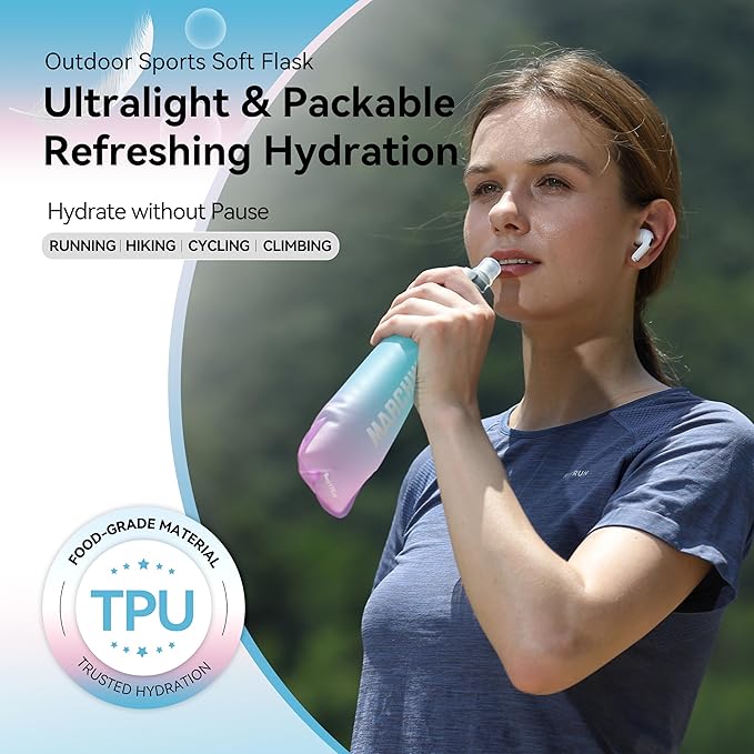 MARCHWAY Soft Hydration Flask with Wide Mouth, 300ml/500ml Collapsible TPU Water Bottle, Leakproof Portable Flexible for Running, Hiking, Cycling, Climbing, Gym, Travel (2pcs Blue-Purple 300ml)