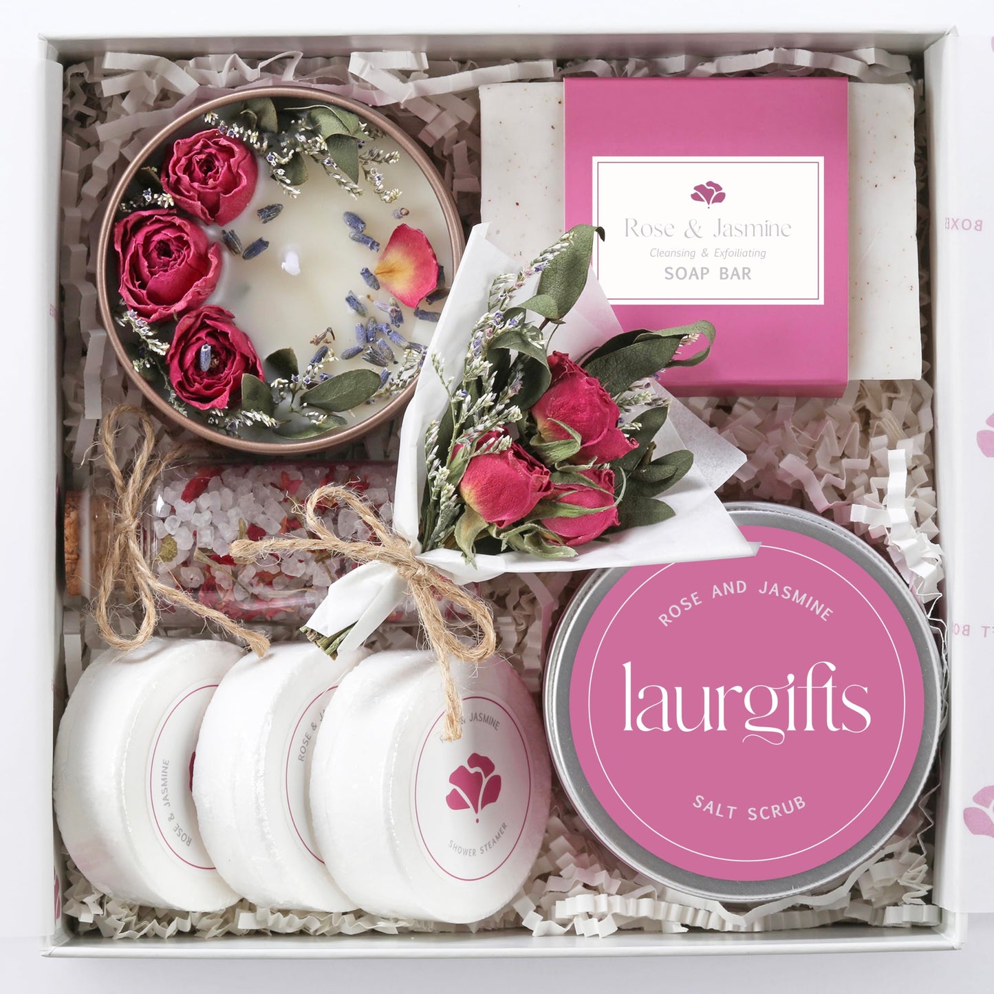 Mothers Day Spa Gift Set for Women – Rose & Jasmine Candle Gift Set with Bath Treats, Relaxing Self Care Basket, Birthday Gift for Mom or Friend