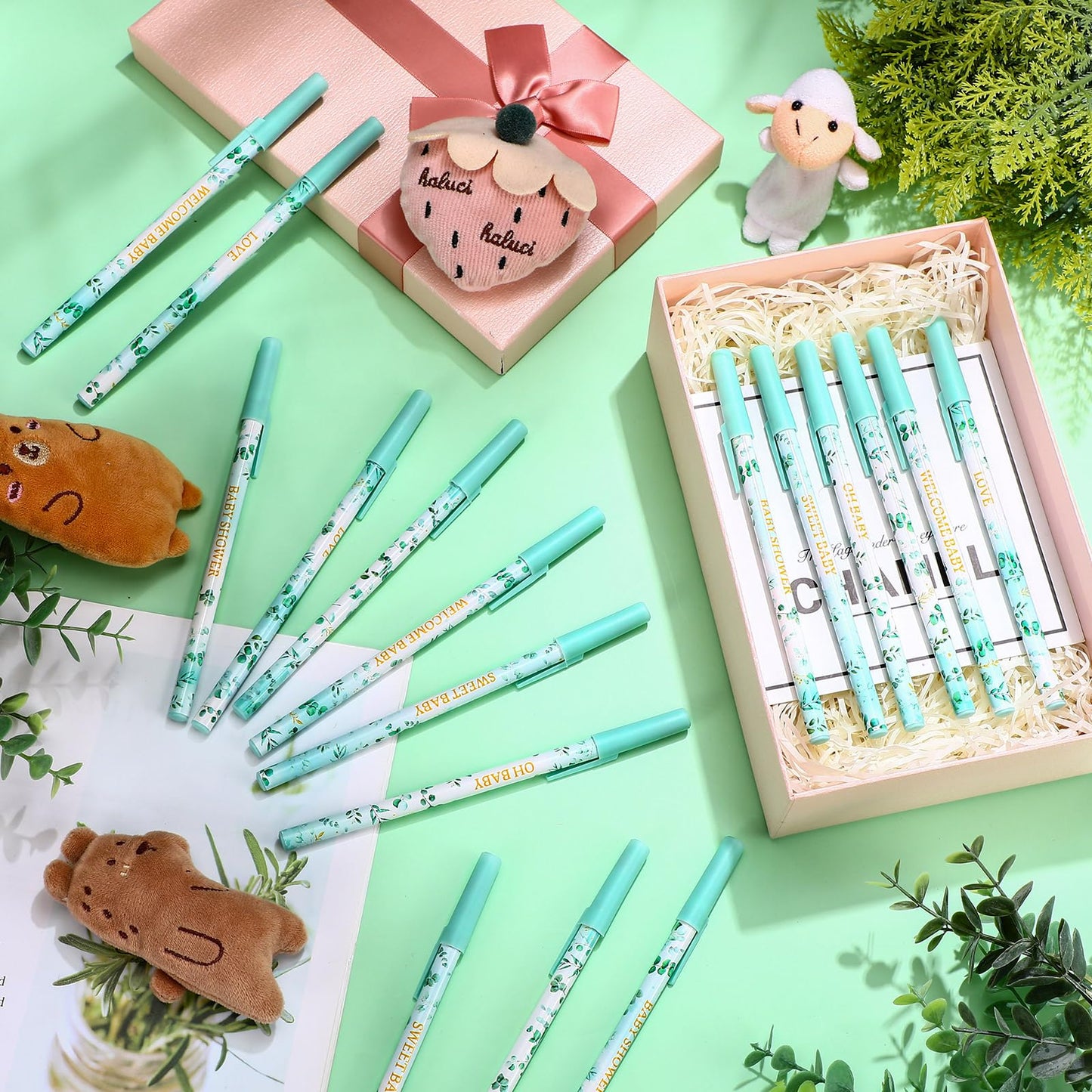 Humyoun 48 Pcs Eucalyptus Leaf Baby Shower Ballpoint Pens Black Ink Bulk for Greenery Baby Shower Party Supplies Guests Gifts School Supply Table Decorations, 6 Styles