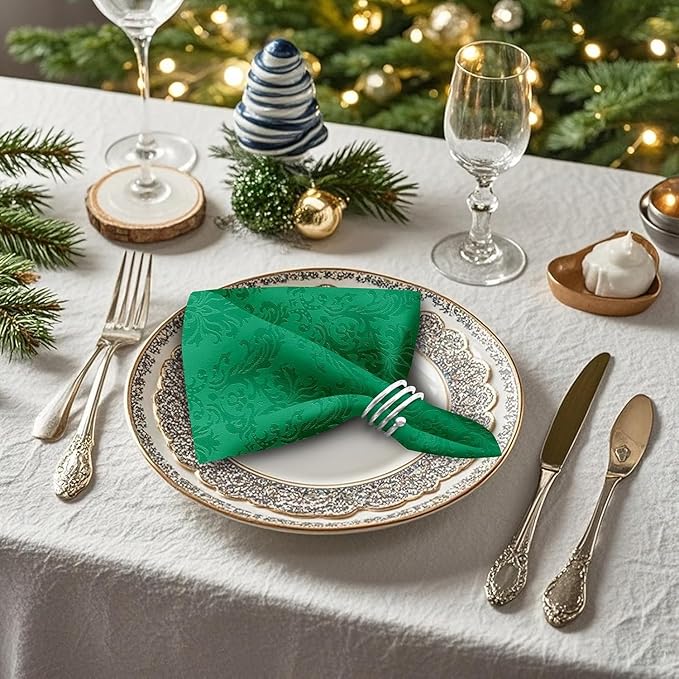 SASTYBALE Jacquard Square Napkin, Damask Wrinkle Resistant Soft Polyester Napkins, Fabric Cloth Dinner Napkins for Wedding, Winter, Holiday, Parties, Set of 4 (Dark Green, 20X20 Napkin)