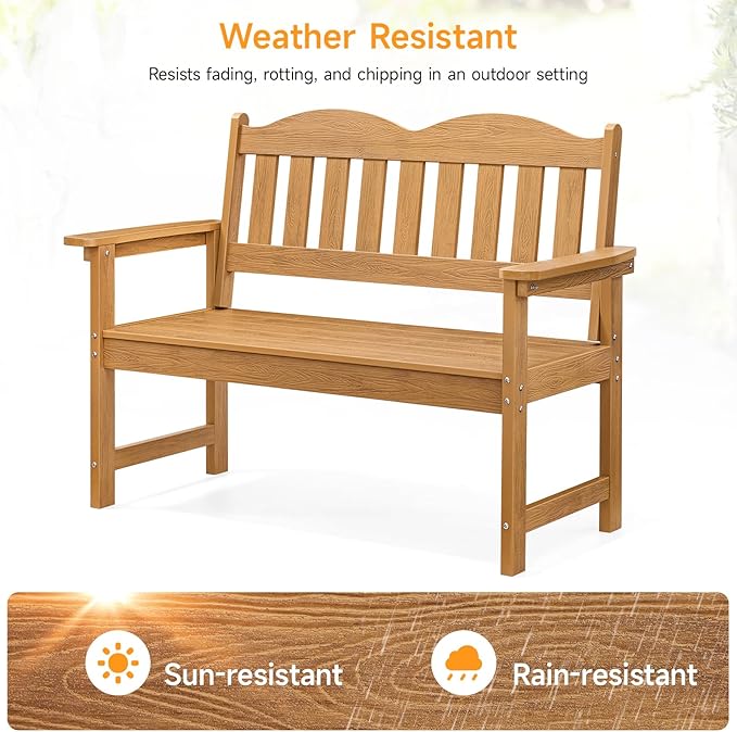 ONBRILL Outdoor Bench, 2-Person Poly Lumber Garden Bench with 800 lbs Weight Capacity, All-Weather Patio Bench with Armrests and Backrest for Garden, Porch, Backyard and Park, Teak