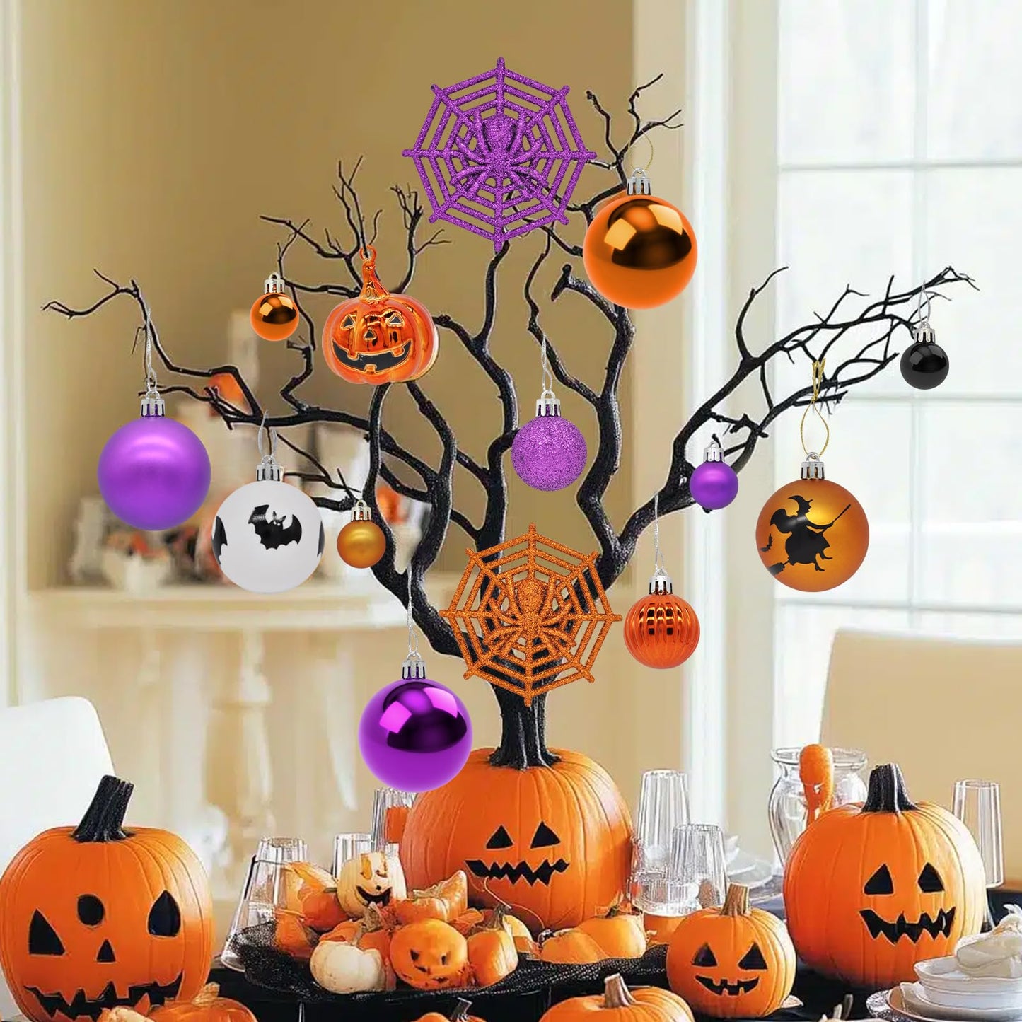 61PCS Halloween Tree Ornaments Ball Hanging Decorations Pumpkin Bat Witches Spider Halloween Decor Home Decor Indoor for Party Holiday