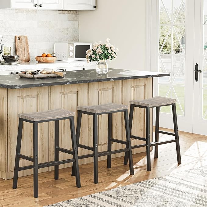 HOOBRO Bar Stools, Set of 2 Chairs, 23.6 Inch Saddle Kitchen Counter Stools With Footrests, Industrial for Dining Room, Kitchen, Counter, Bar, Greige and Black BG02MD01