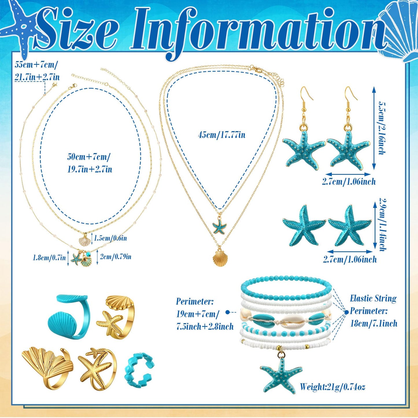 16 Pcs Seashell Starfish Jewelry Set for Women Seashell Earrings Rings Boho Layer Charm Necklace Summer Beach Bracelets Natural White Anklet for Summer Holiday Vacation Accessories(Blue,Starfish)