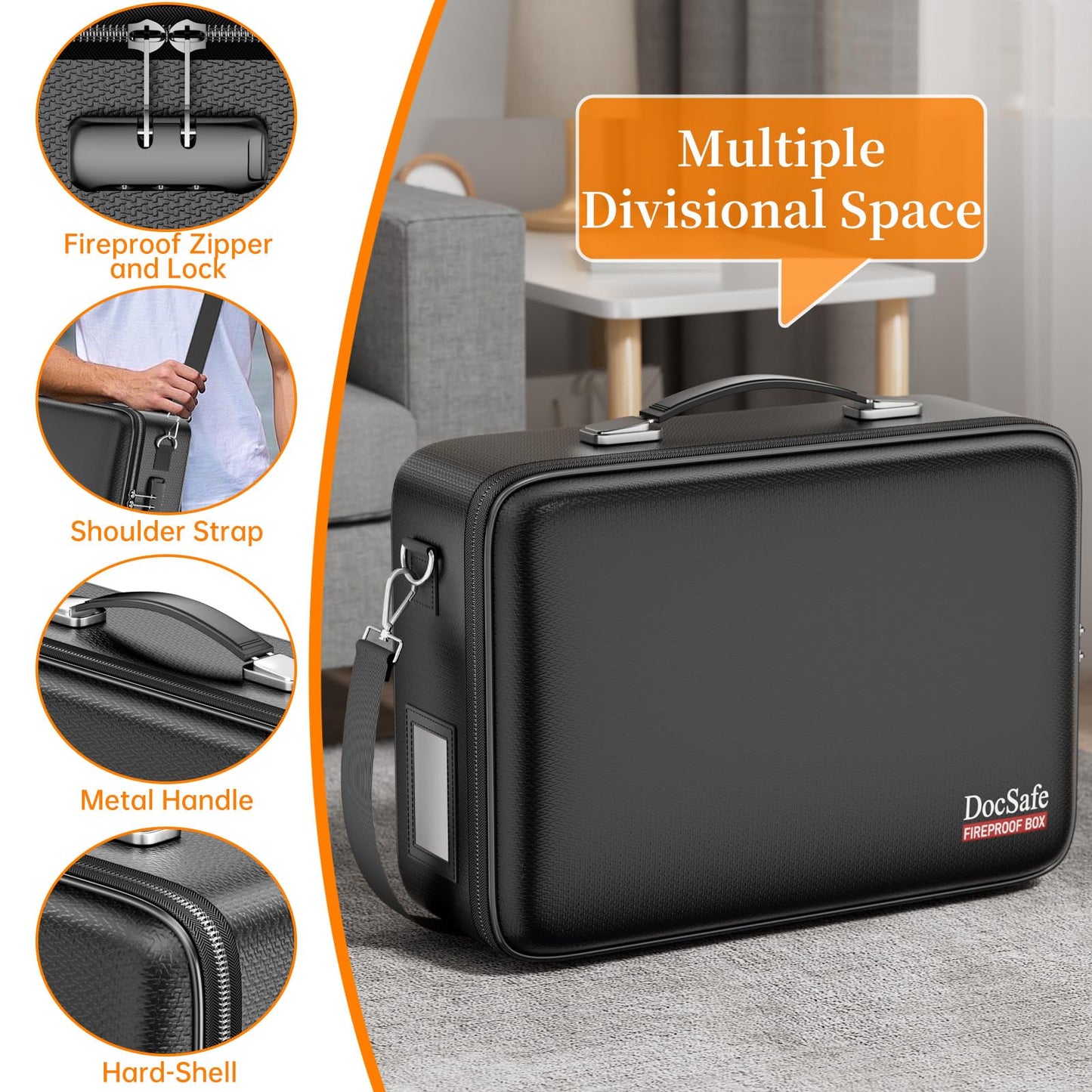 DocSafe Fireproof Document Box with Lock＆Shoulder Strap, Hard-Shell Case File Organizer with Accordion File Folder, Multi-Layer Portable Home Office Travel Safe Storage for Important Documents Laptop