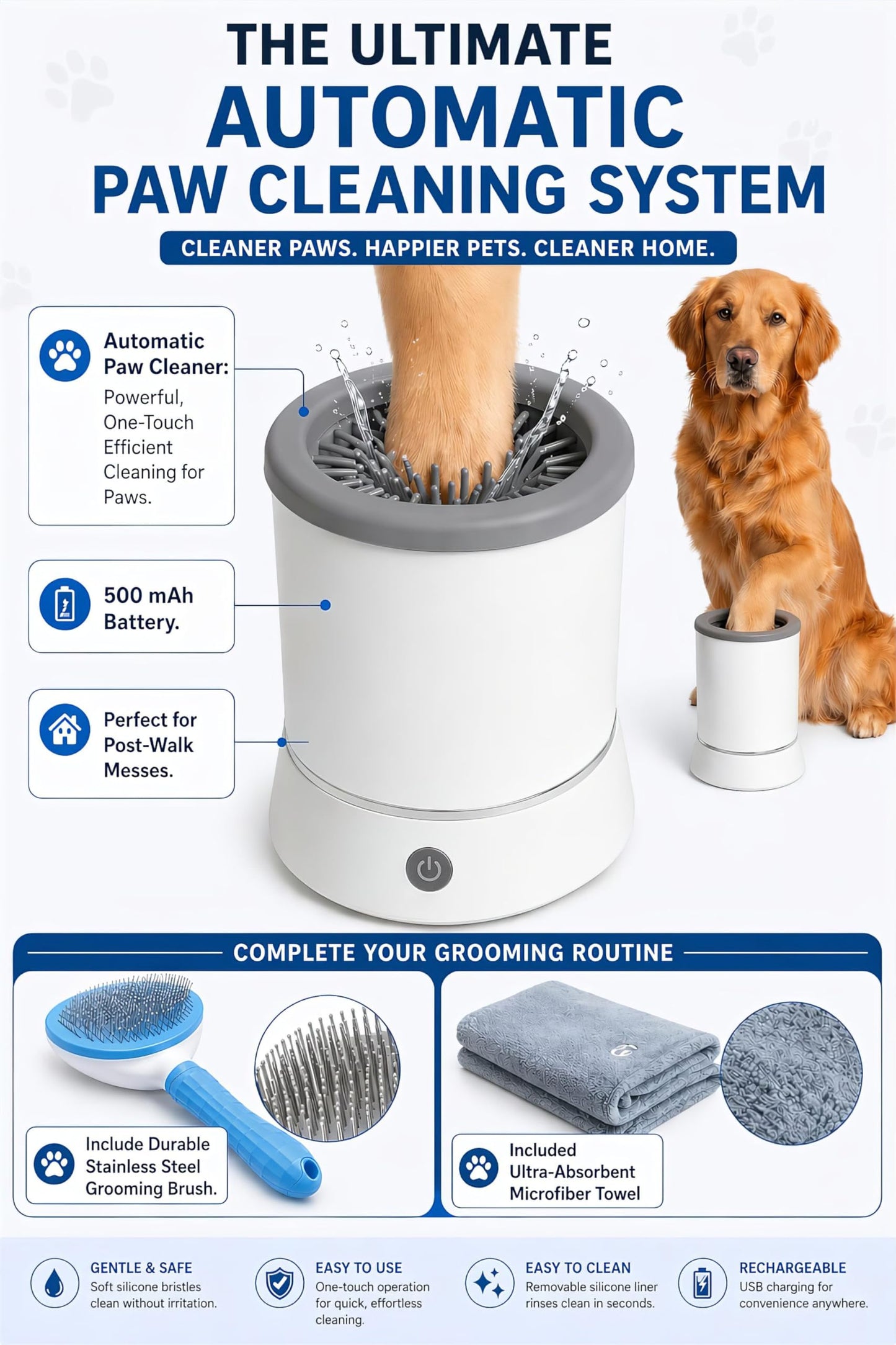 Ultimate 3-in-1 Dog Paw Cleaning Kit - Portable Silicone Paw Washer, XL Microfiber Towel & Self-Cleaning Grooming Brush - Complete Set for Small & Medium Pets