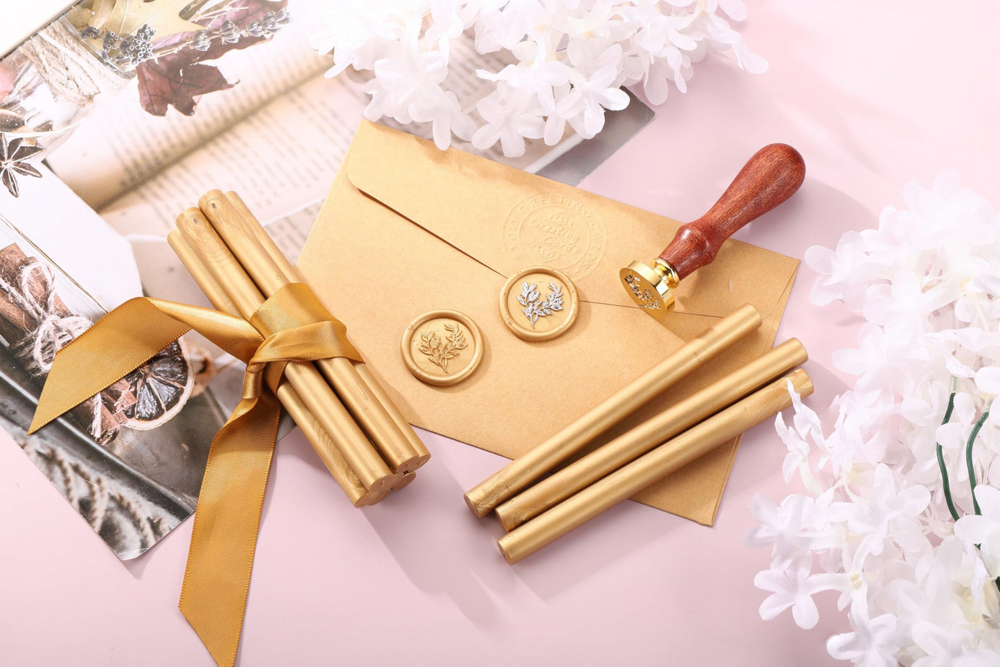 Yoption Wax Seal Kit, Eucalyptus Wax Seal Stamp, 10pcs Light Gold Glue Gun Sealing Wax Sticks and 1 Pen for Christmas Cards, Wedding, Gift, Wine Packages