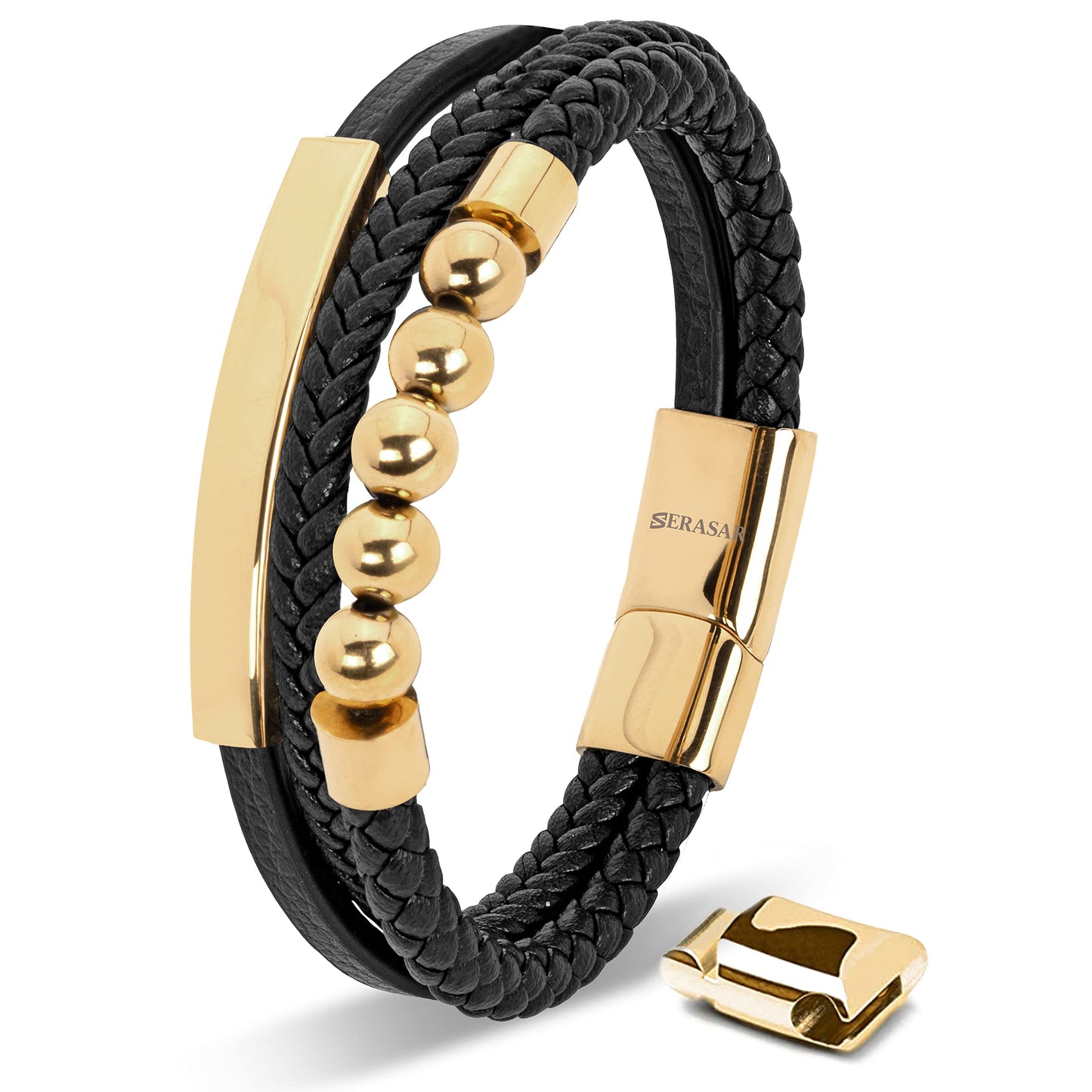 SERASAR Men's Bracelets 20cm Gold Gift Box Genuine Cowhide Leather Braided Adjustable Magnetic Clasp Multilayer Jewelry Rope Male Band Accessories