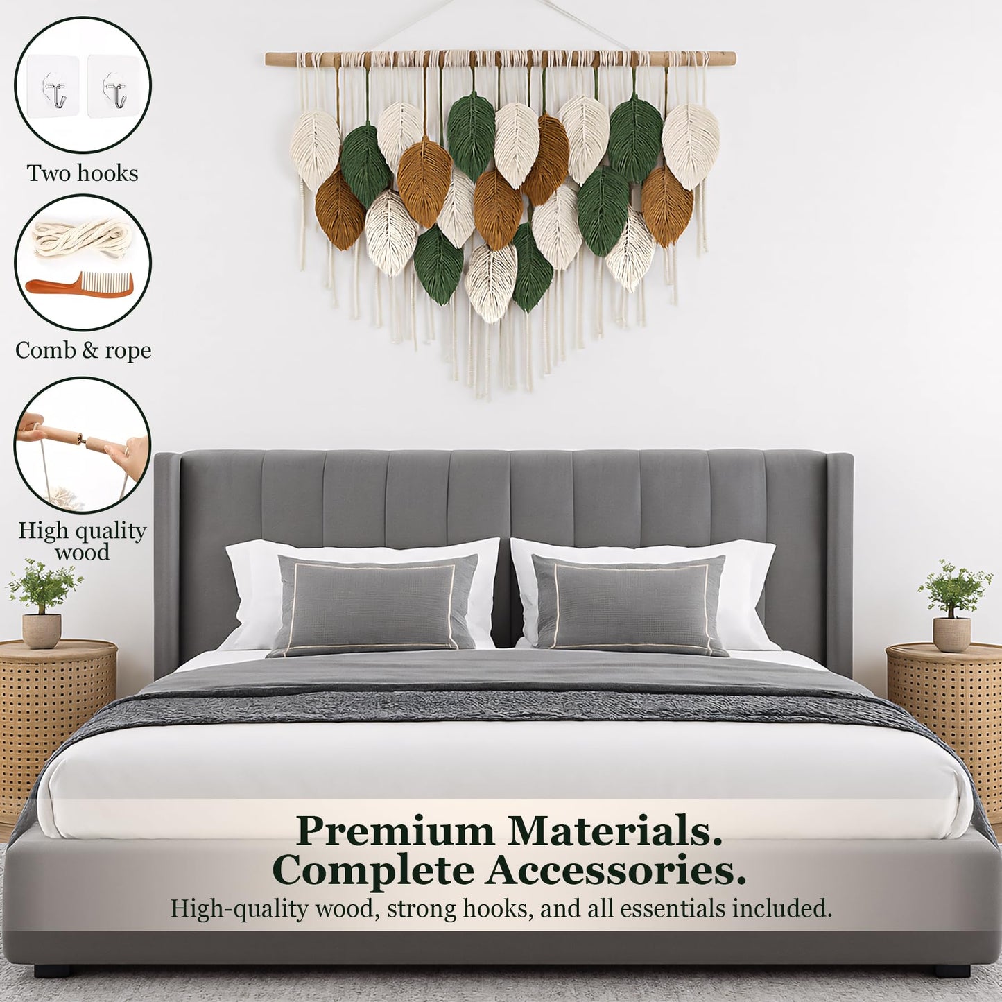 KORSIV Large Macrame Wall Hanging Boho Woven Tapestry, Modern Bohemian Handmade Leaf Feather Wall Art Decorations for Apartment Dorm Living Room Bedroom Nursery Backdrop, Chic Home Decor