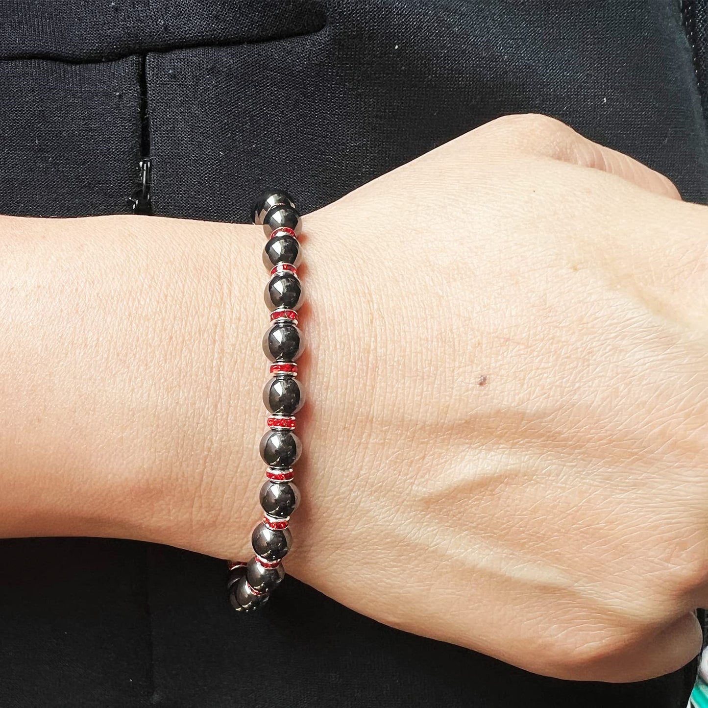 Apocalyptic-K Women's Magnetic Bracelet，Hematite Bracelets，Magnetic Bracelets With Zirconia,Handmade Stretch Bracelet，Eliminates static electricity. (Red Zirconia，6MM)
