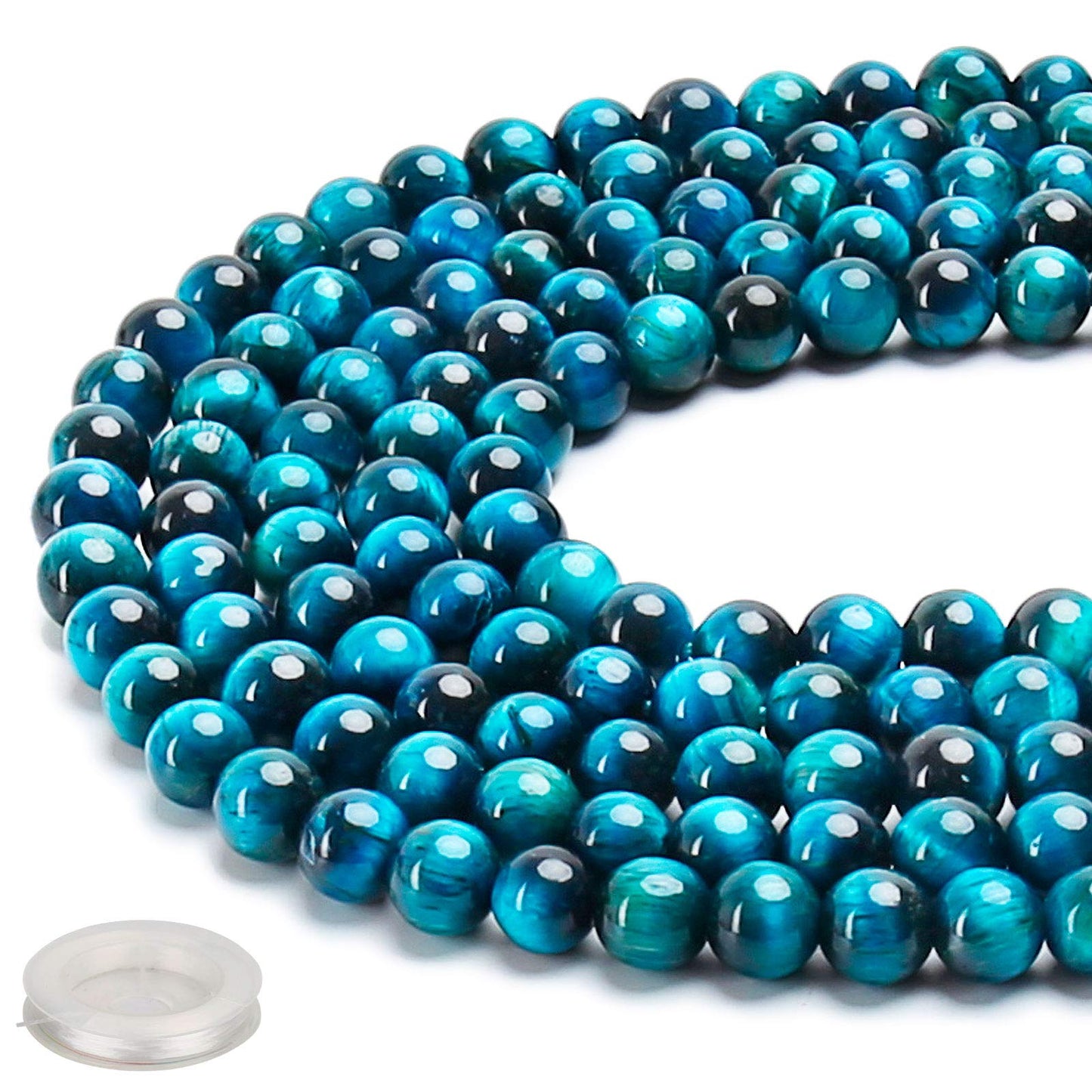 70PCS Natural 8MM Healing Gemstone, Blue Tiger’s Eye Energy Stone Round Loose Beads, Semi-Precious Crystal Beads with Free Elastic String for Jewelry Making DIY