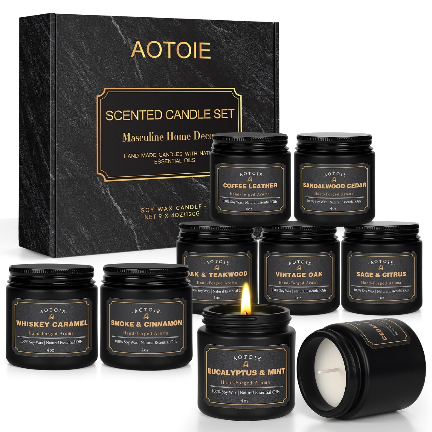 Mens Scented Candle Gift Set, 9 Pack Candles for Men, 36 oz Soy Candle, 200+ Hours Burn Time, Aromatherapy Gifts for Men, Boyfriend, Husband for Christmas, Valentines Day, Father’s Day, Birthday