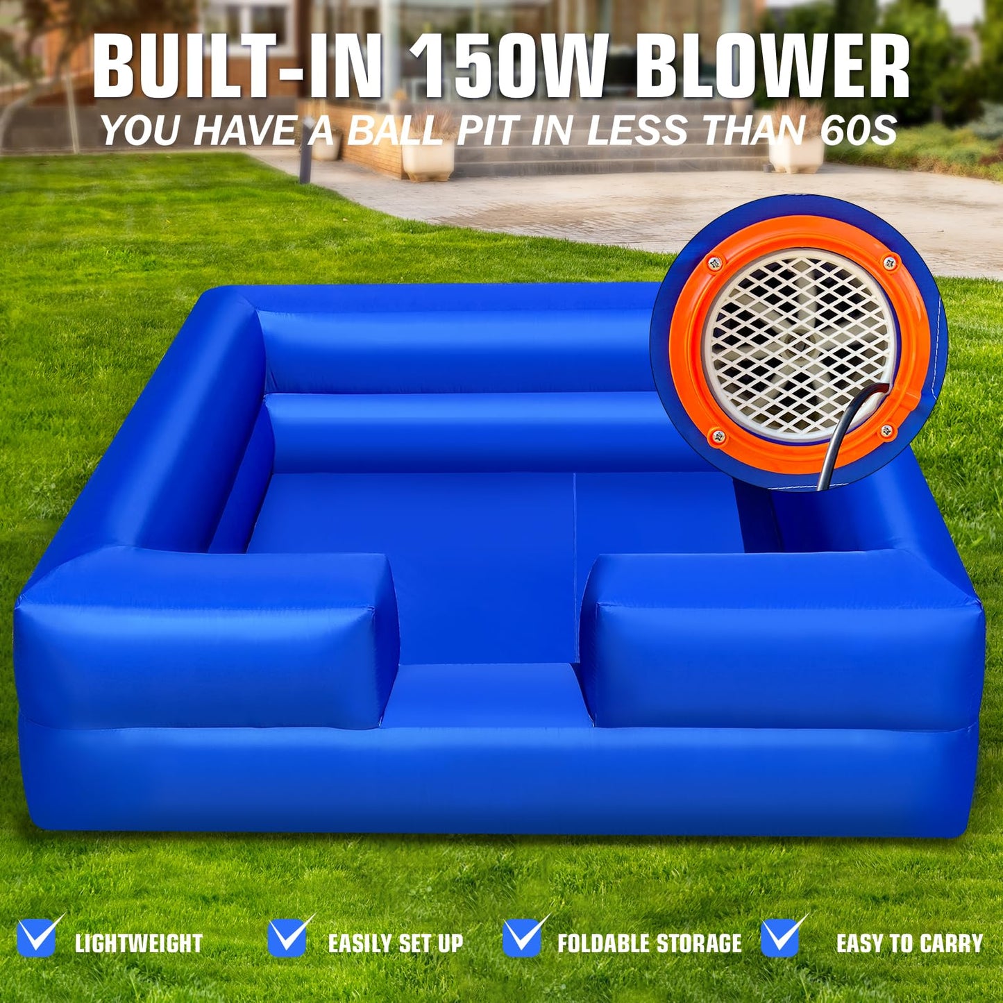 WARSUN Inflatable Ball Pit 10x10Ft with Built-in Blower Blue Foam Ball Pit for Hours of Fun Activities