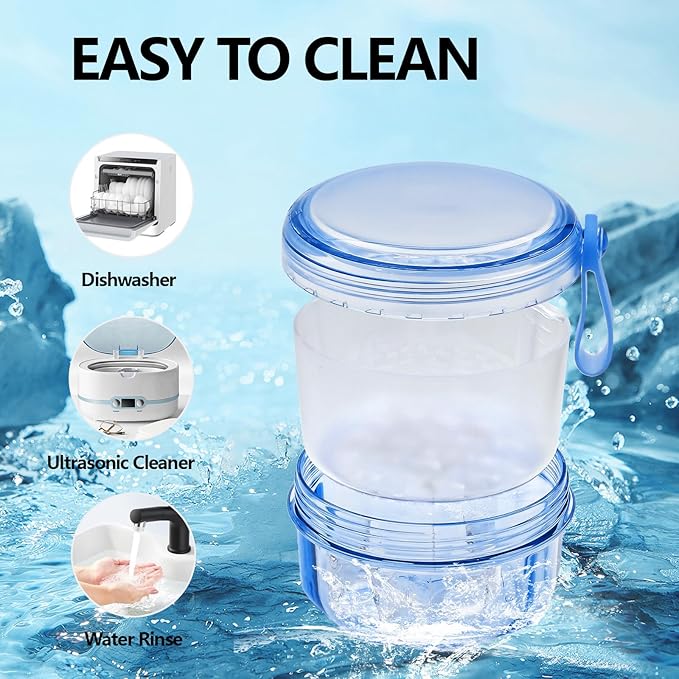 No Leak Partial Denture Case Retainer Bath Box Cup, Denture Soaking Cup False Teeth Holder Box Case with Strainer Basket and Brush - Transparent Blue