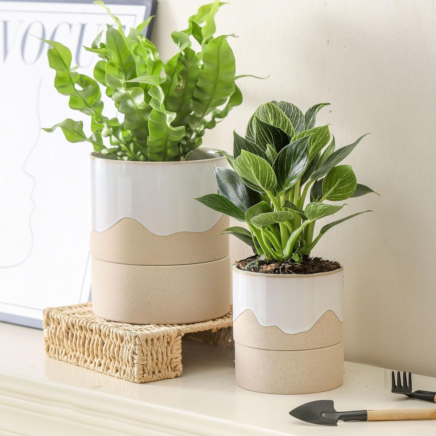 Nihow Self Watering Plant Pot for Indoor Plants: 4.5+6 Inch Ceramic Planter with Drainage Hole & Water Storage Plus - Cylinder Flower Pot with Wick for Herbs -White & Nature