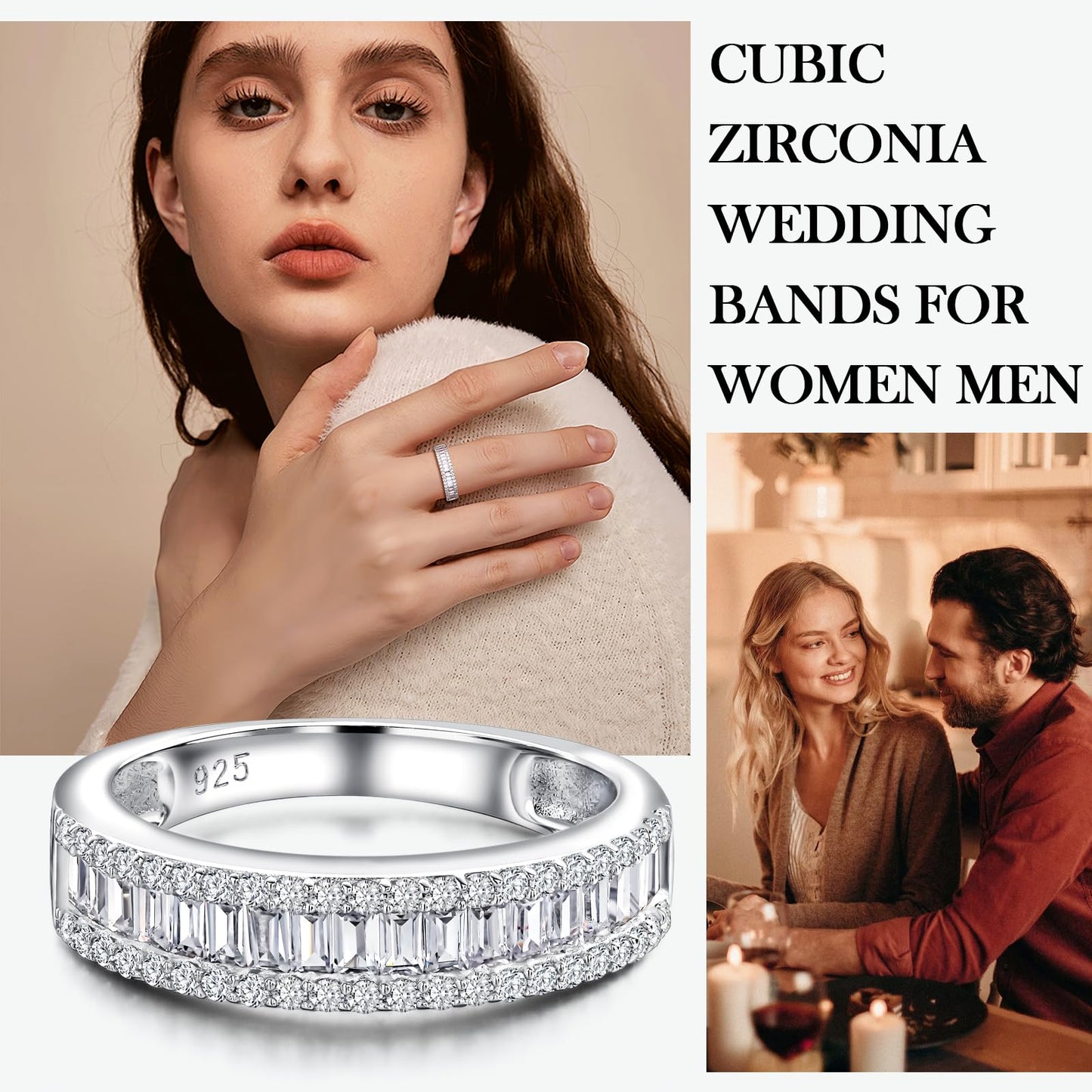 RANDES Cubic Zirconia Wedding Bands for Women Men Emerald-Cut Half Eternity Band Channel Set Cubic Zirconia CZ Ring Size 9.5