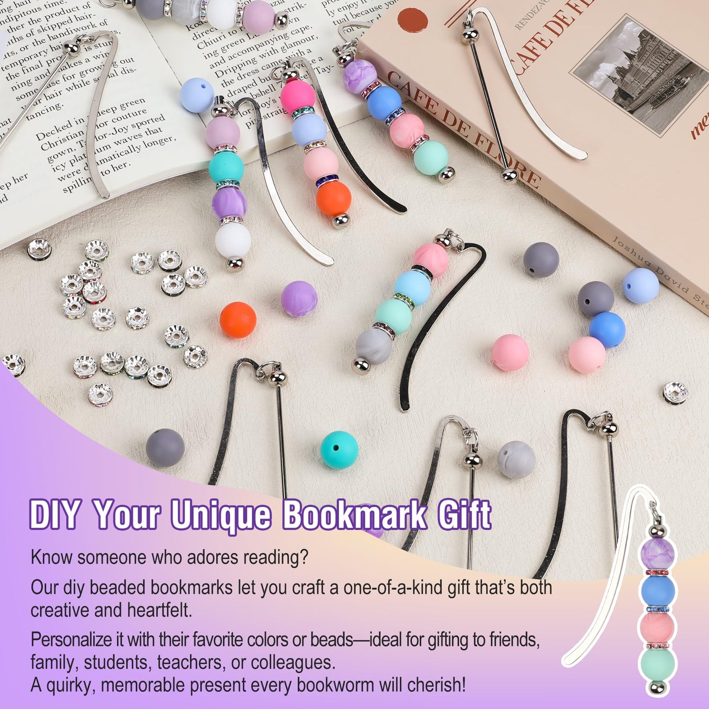 HOMAR 214 Pcs Beadable Bookmarks DIY Beading Bookmark Craft Kit, 20 Pcs Silver Metal Bar Bookmarks with 194 Beads, Bookmarks for Modern Beaded Craft, Gift for Book Lovers, Students, Teachers
