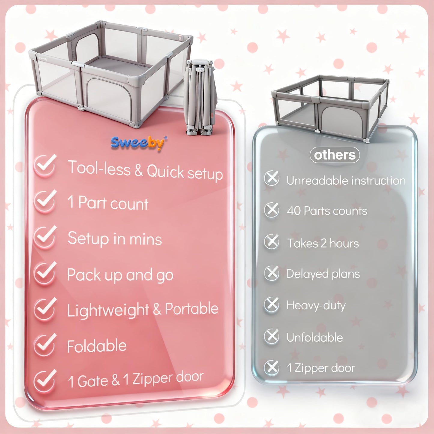 Sweeby Baby Playpen, 59x59 Inch Baby Gate Foldable Playpens for Babies and Toddlers, Extra Large Playpen with Door Play Yard for Kids Fence Indoor and Outdoor Play Pen, Gray