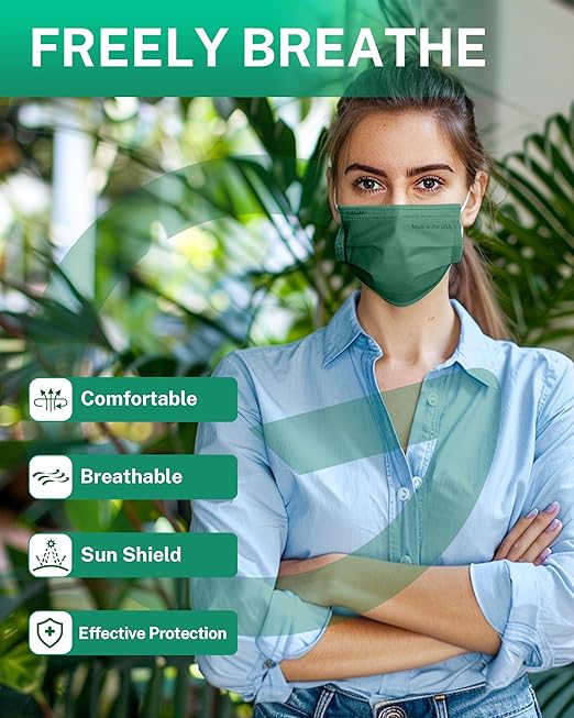 Disposable Face Masks Made in USA, 4 Ply for Families, Students, Breathable All-Day Wear & Safety, FSA HSA Eligible, ASTM Level 3 Medical Grade, 50 Pack, Hunter Green