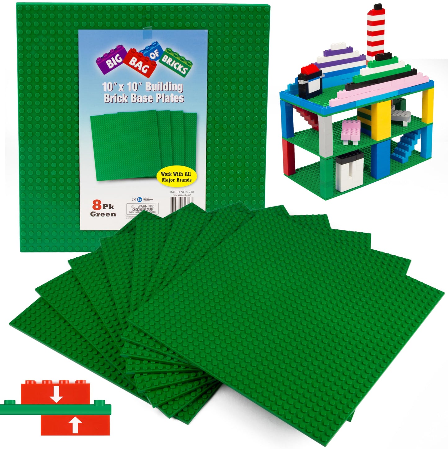 Classic Baseplates for Building Bricks - Set of 4 Large Green 10"x10" Building Plates- Dual Connectivity, Build on Both Sides - Compatible, Tight Fit w Major Brands- STEM Creative Toy & Kids Bday Gift