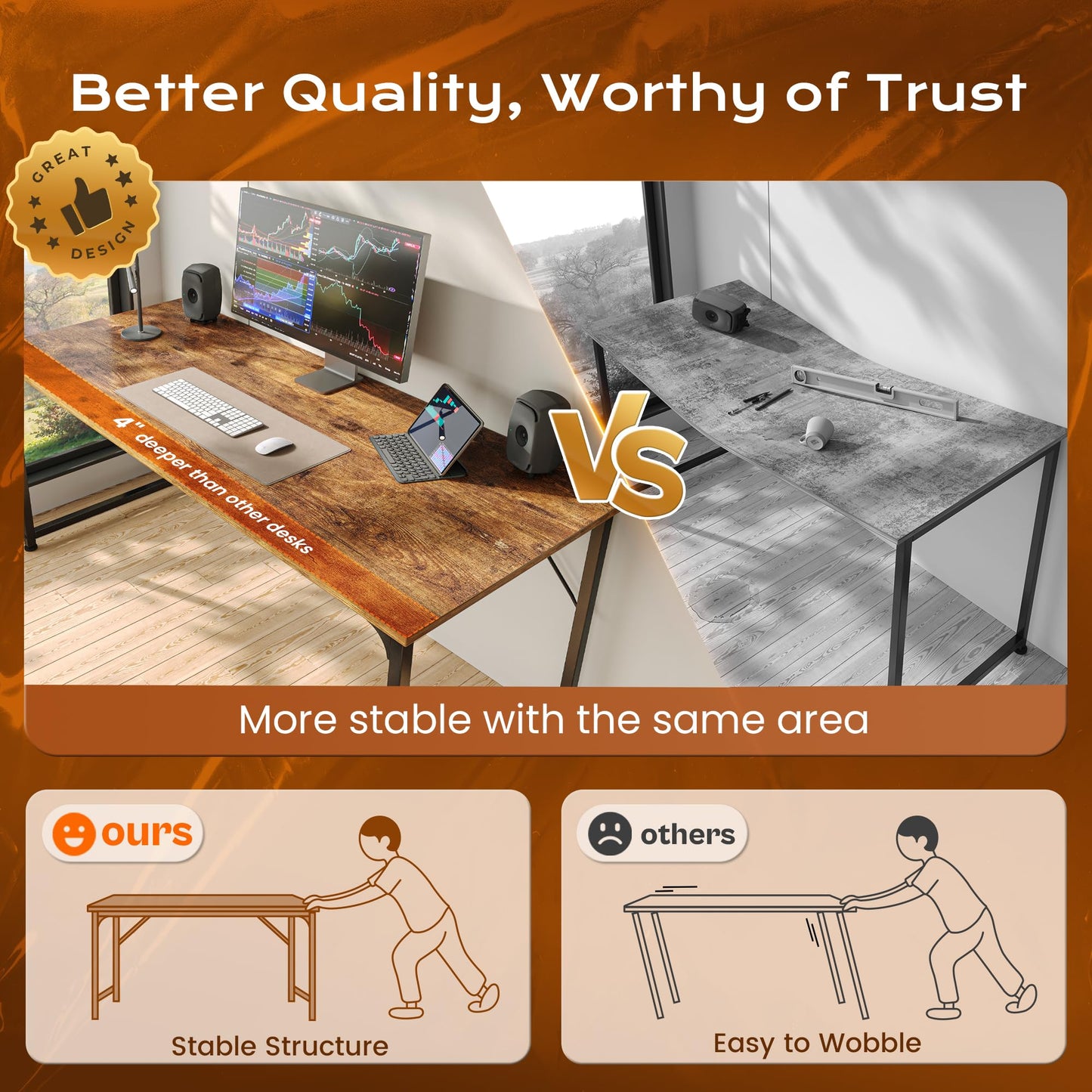 PRAISUN 55 X 24 Inch Computer Desk with Deeper Desktop, Gaming Office Writing Work Desk for Home Office, Study, Bedroom, Work from Home, Metal Frame, Rustic Brown
