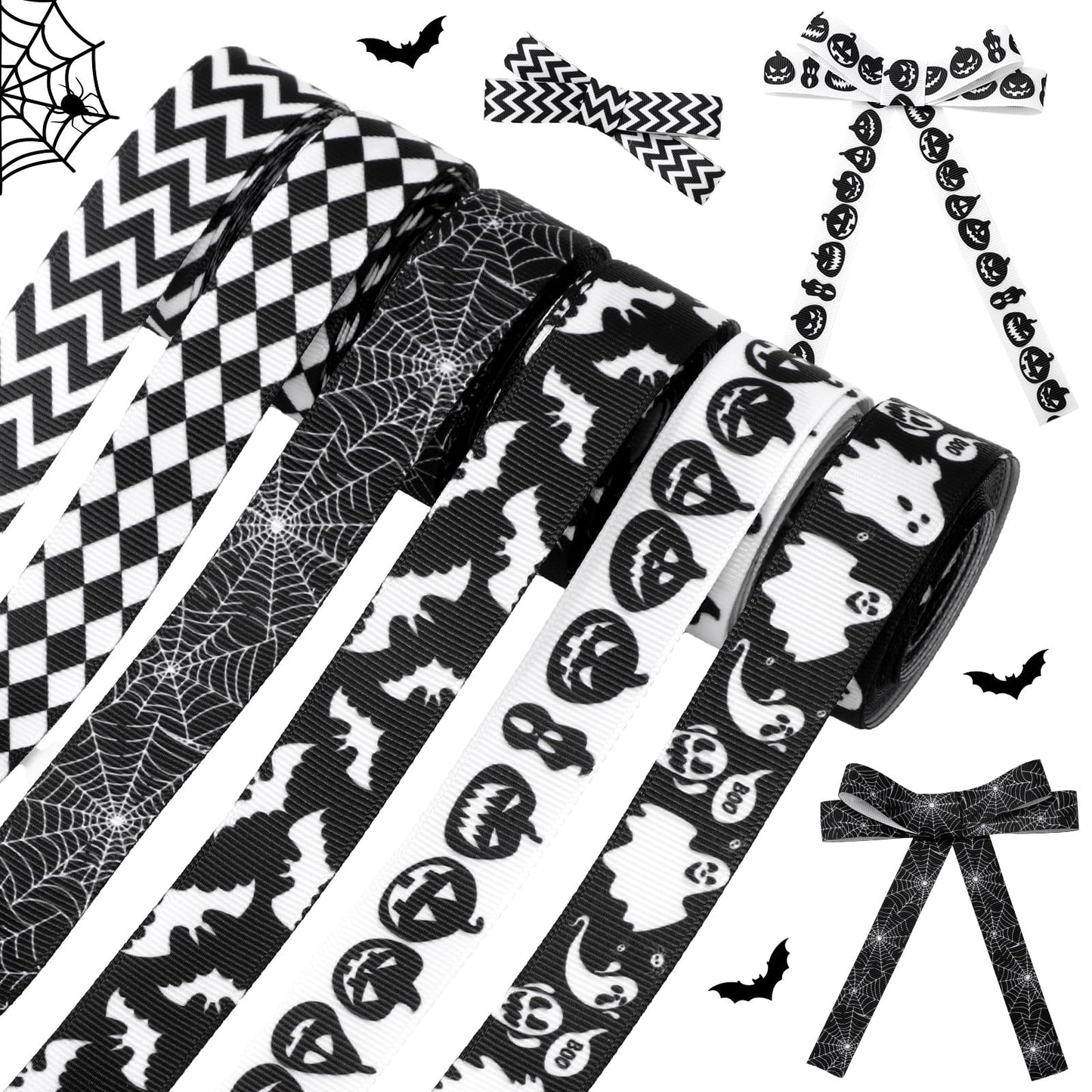 Whaline 6 Rolls Halloween Wired Edge Ribbon Spiderweb Ghost Pumpkin Fabric Ribbon Black White Wrapping Ribbons for DIY Crafts Wreath Bow Making Supplies, 30 Yard