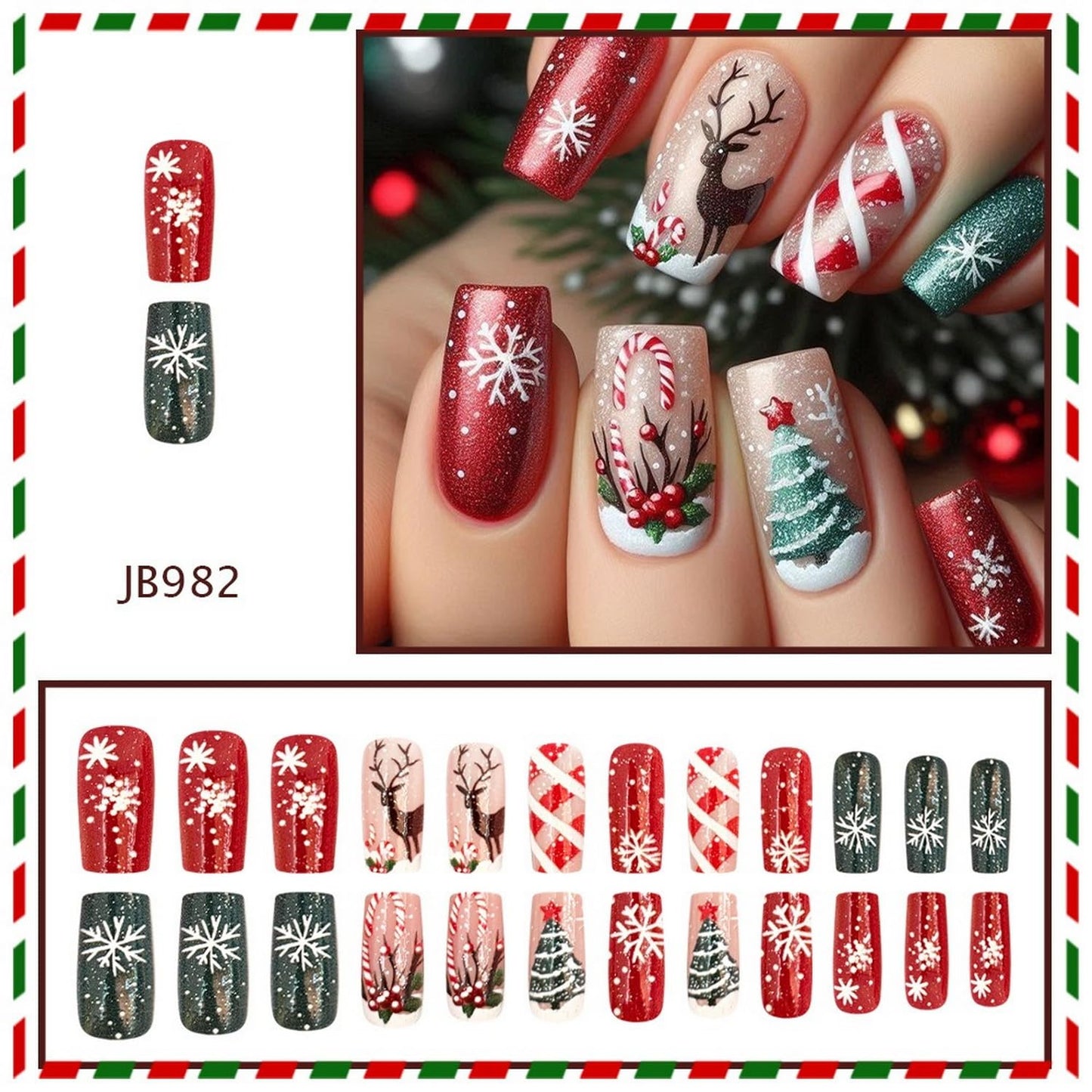 Christmas Press on Nails Medium Square Fake Nails Christmas Tree Acrylic Nails Elk and Snowflake Xmas Tree Glue on Nails for Women Nails Manicure Decoration 24 Pcs